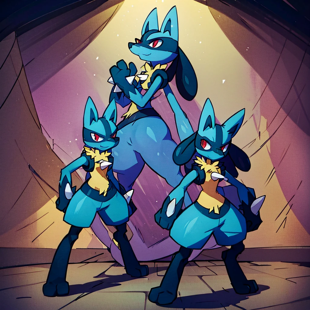 lucario standing in a yellow wood wall, detailed, red eyes, spikes, soft smile, ambient lights, teeth, wolf, medium muzzle, pokemon, blue fur