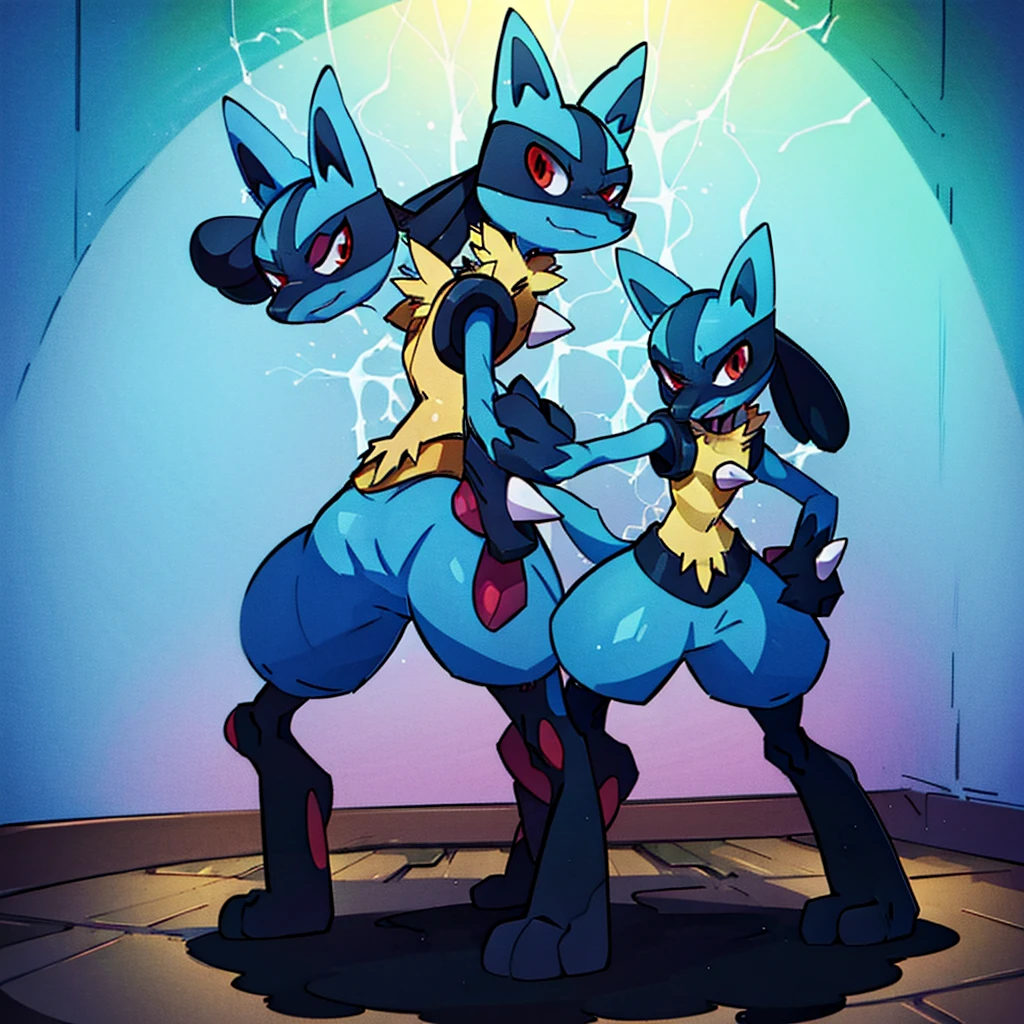 lucario standing in a yellow wood wall, detailed, red eyes, spikes, soft smile, ambient lights, teeth, wolf, medium muzzle, pokemon, blue fur