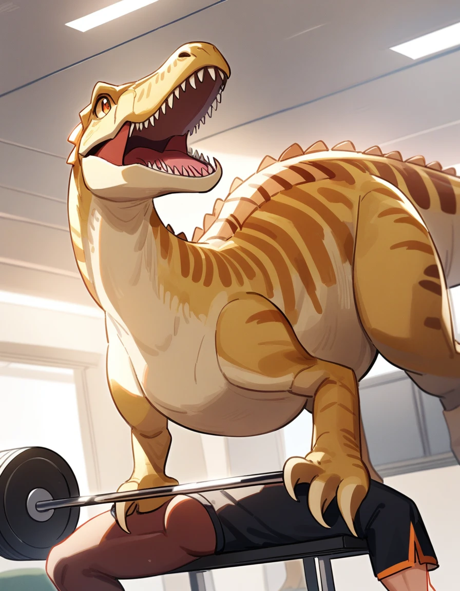 1 dinosaur, male focus, academy, bench press, work of art, best qualityer, very aesthetic, absurderes