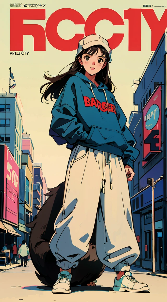 Best image quality, 1980s style animation, 21 year old girl, black hair, long hair, light brown eyes, With a baggy sweatshirt, magazine cover, whole body , in the city , posing, With a cute otter doll