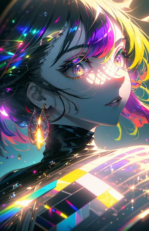 ((masterpiece,High resolution,8K quality,Highest quality)),One Girl,((Highly detailed face)),woman,Delicate eyes,((Purple eyes)),((Hairstyle on:Shaved head,Black-haired,Hair that glows green when exposed to light)),Lens flare,Dramatic makeup,Smiling graciously,Natural Skin Tone,Big ample breasts,Diffuse reflection of light((colorful:1.5)),