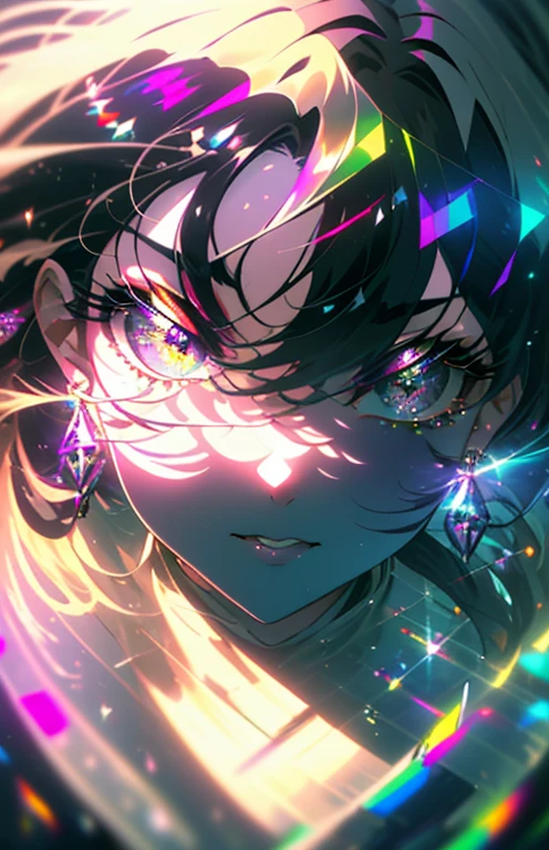 ((masterpiece,High resolution,8K quality,Highest quality)),One Girl,((Highly detailed face)),woman,Delicate eyes,((Purple eyes)),((Hairstyle on:Shaved head,Black-haired,Hair that glows green when exposed to light)),Lens flare,Dramatic makeup,Smiling graciously,Natural Skin Tone,Big ample breasts,Diffuse reflection of light((colorful:1.5)),