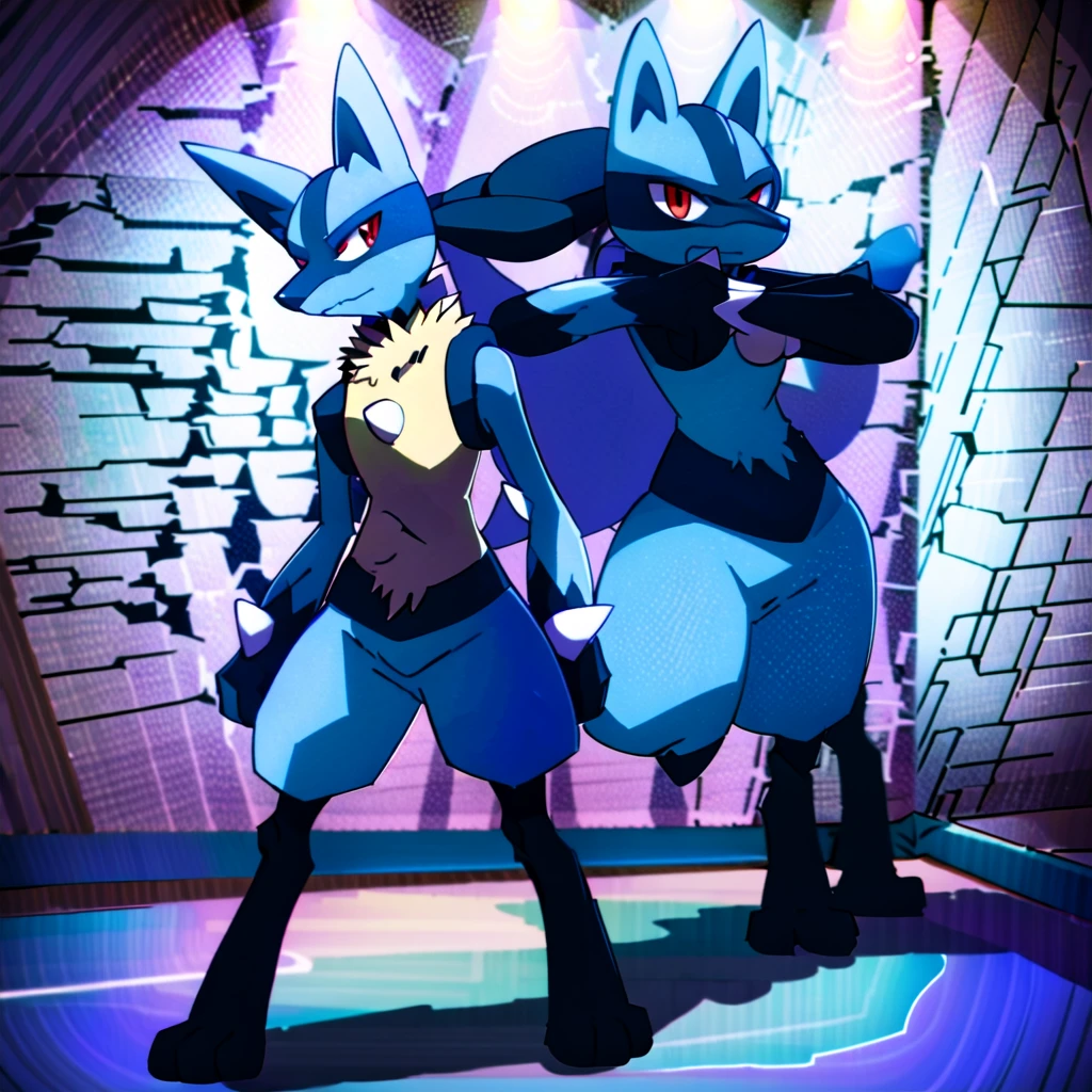 lucario standing in a yellow wood wall, detailed, red eyes, spikes, soft smile, ambient lights, teeth, wolf, medium muzzle, pokemon, blue fur
