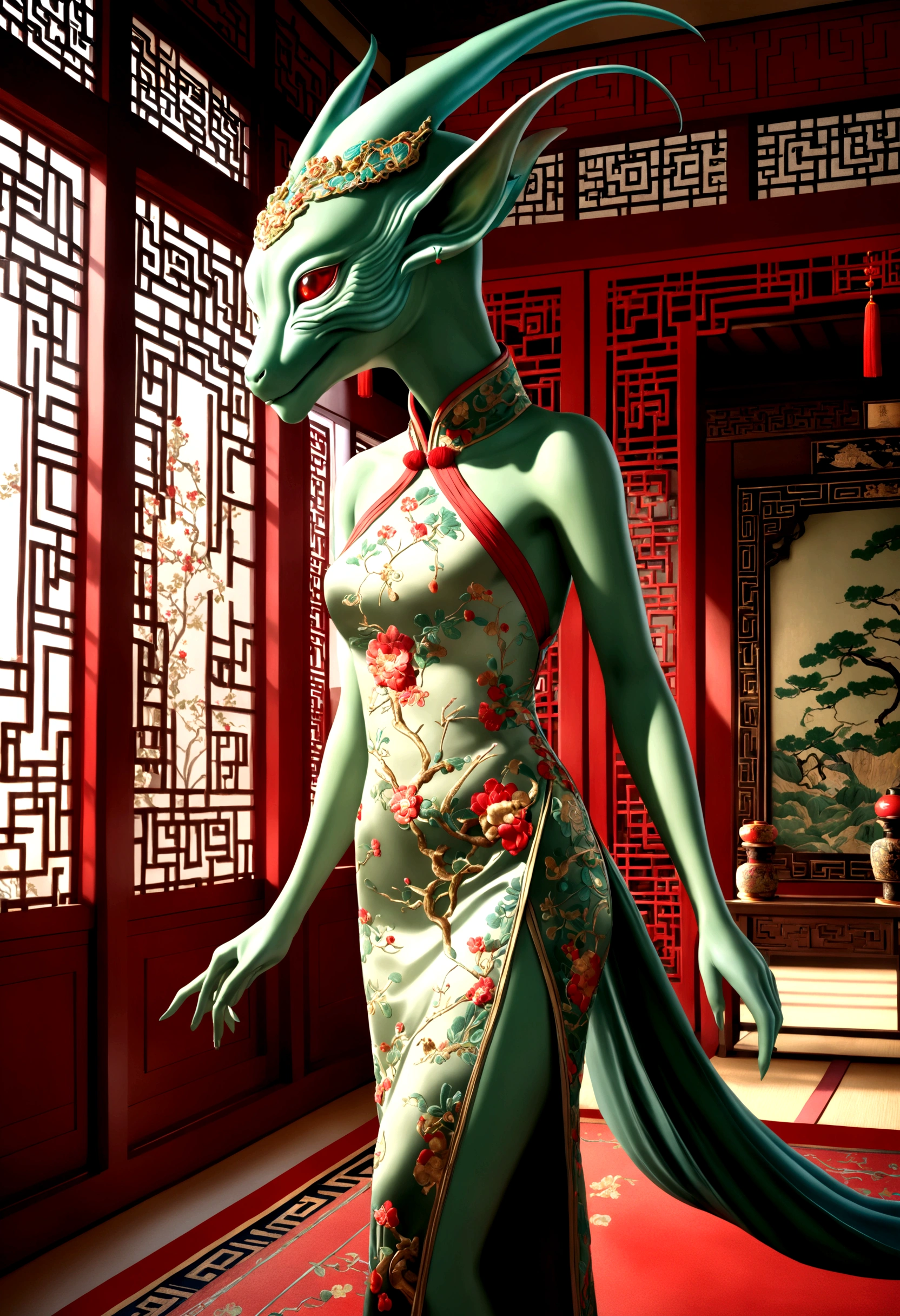 an alien creature,intricate cheongsam dress,asian royal room,green skin,barely humanoid,extremely detailed,photorealistic,ultra-detailed,masterpiece,8k,award winning art,dramatic lighting,ornate decor,ancient artifacts,opulent furnishings,silk embroidery,traditional chinese architecture