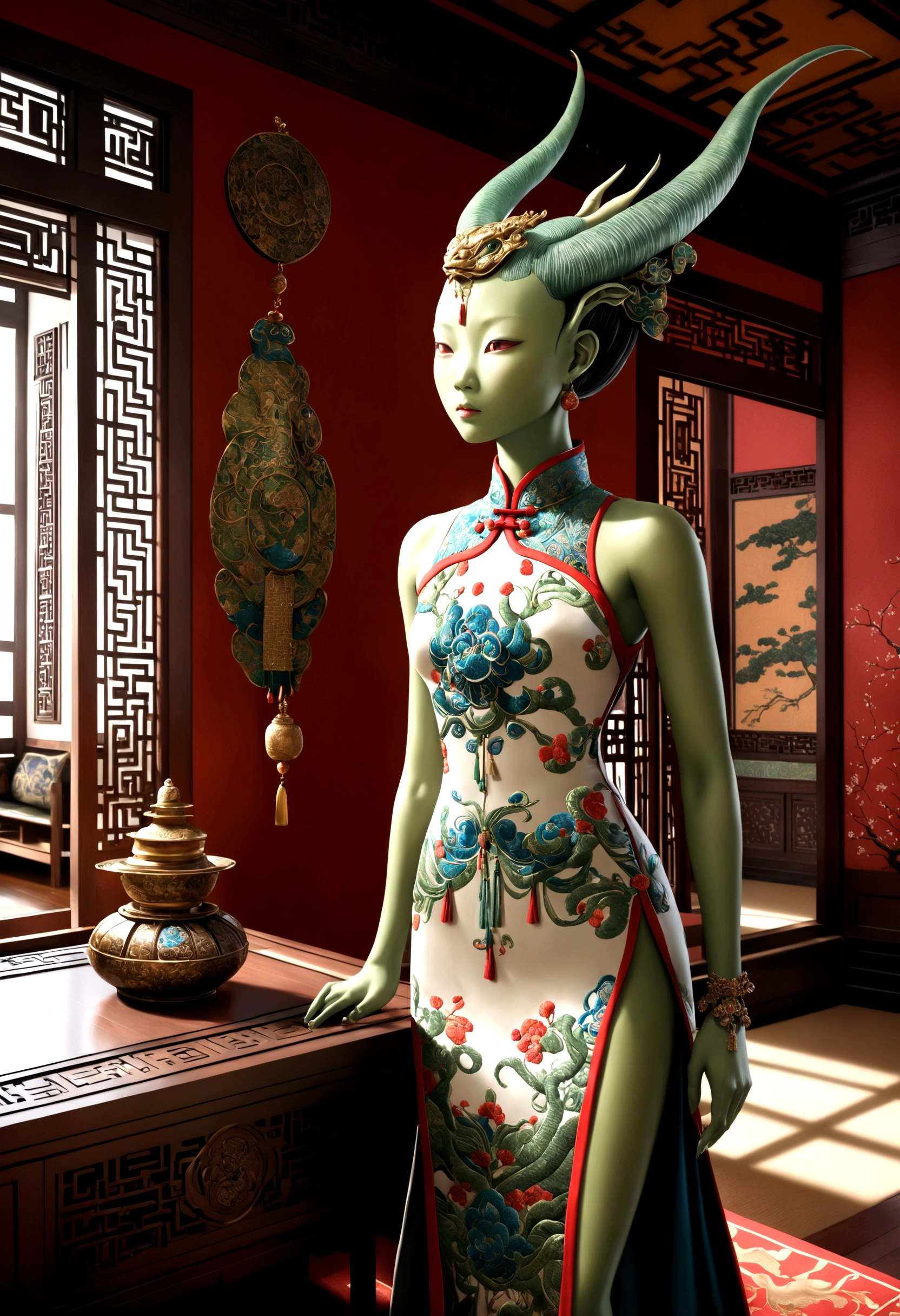 an alien creature,intricate cheongsam dress,asian royal room,green skin,barely humanoid,extremely detailed,photorealistic,ultra-detailed,masterpiece,8k,award winning art,dramatic lighting,ornate decor,ancient artifacts,opulent furnishings,silk embroidery,traditional chinese architecture
