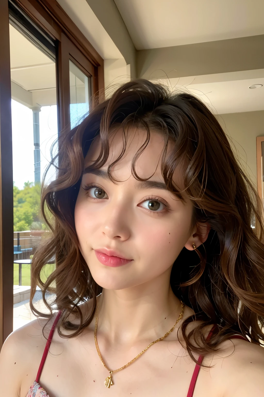 Curly hair woman、Natural Makeup、front、Large necklace