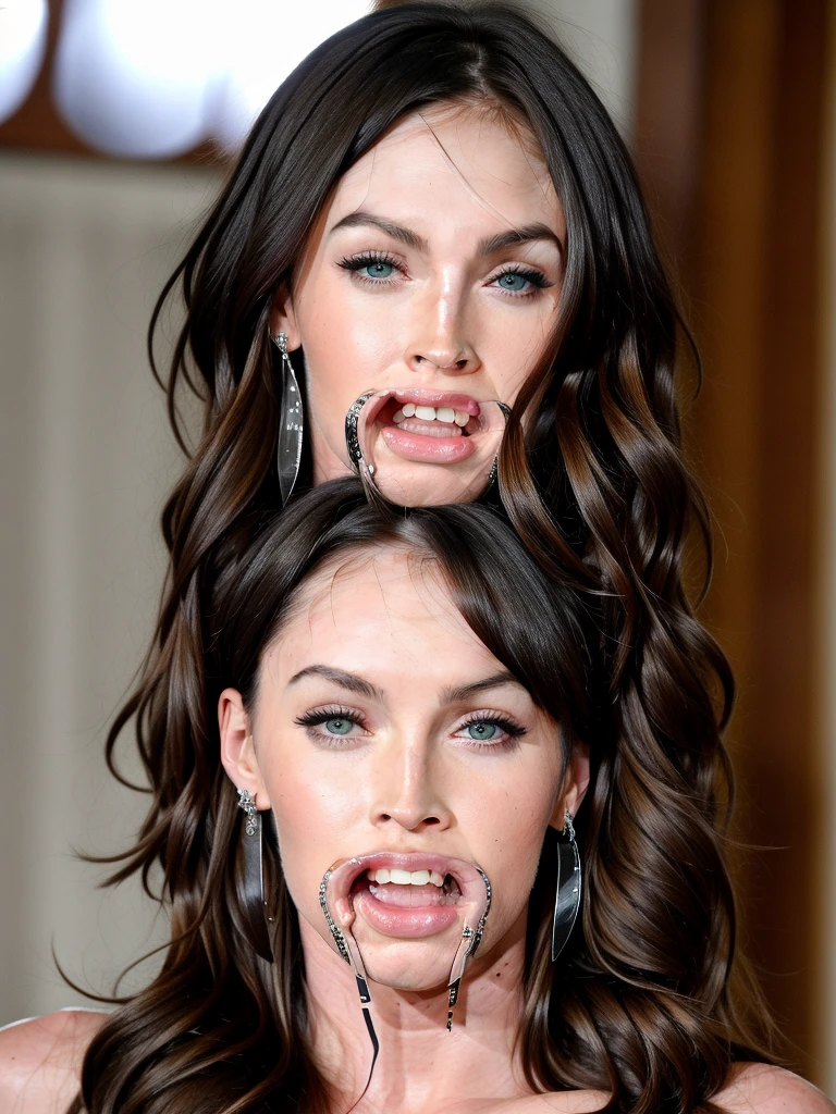 (Megan Fox, bdsm, bondage, drool dripping, drool dangling)with a mouth retractor sharp focus, (8k uhd:0.5), ultra-detailed, RAW photo, pleading eyes, cleavage, 