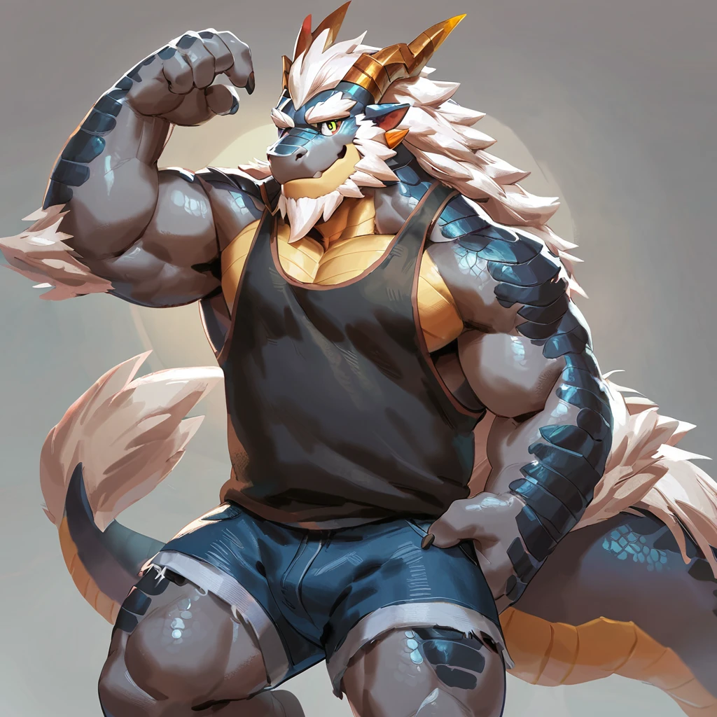 (artist: noku13456, jacketbear, dangpa, null-ghost, lindong, takahirosit),male, sfw, eastern dragon, , bara, big chest, simple bg, one fluffy tail, old man, fluffy mane, , grey body, white hair, solo, scales, detailed scales, tank top, jeans shorts, dragon horns, yellow iris, big eyes, white beard, fluffy hair, detailed face:2.0, one tail, masterpiece:2.0, perfect eyes:2.0, good anatomy:2.0
