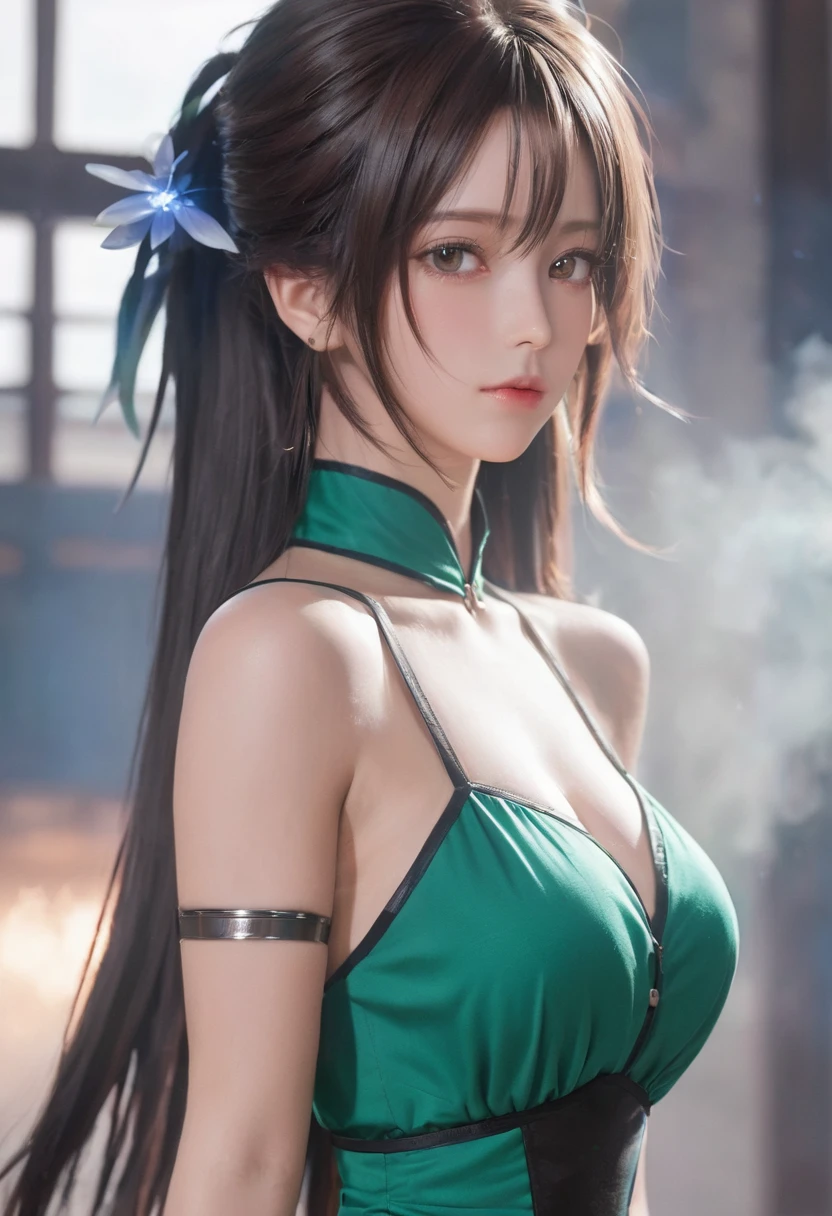 photorealistic portrait, high-res, Soft light,1woman, black hair, ponytail, Hip up, oily shiny skin, (detailed face), jewelry, green dress and hat from onmyoji, bamboo forest, seductive face 