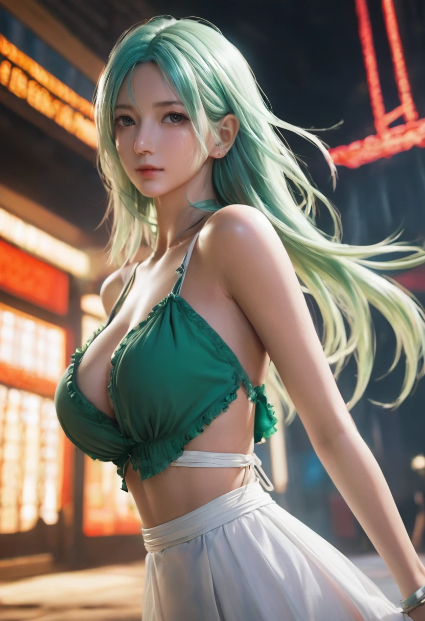 inflammation/inflammation/burn,Tifa Lockhart, MKSK Style, (Highly detailed background:1.0), (Highly detailed background:1.0), Final Fantasy 7 Remake, (Red eyes), One huge breasted girl, Shoulder, Aqua Green Dress, Brunette color hair, Green Dress, No sleeveドレス , Sun skirt, Home, Long white hair, night, night空, Open your mouth, outdoor activities, ponytail, Sit, Sky Sky, No sleeve, No sleeveドレス, star (Sky Sky), star空, town, aging, small, ((White frills)), (White Dress),