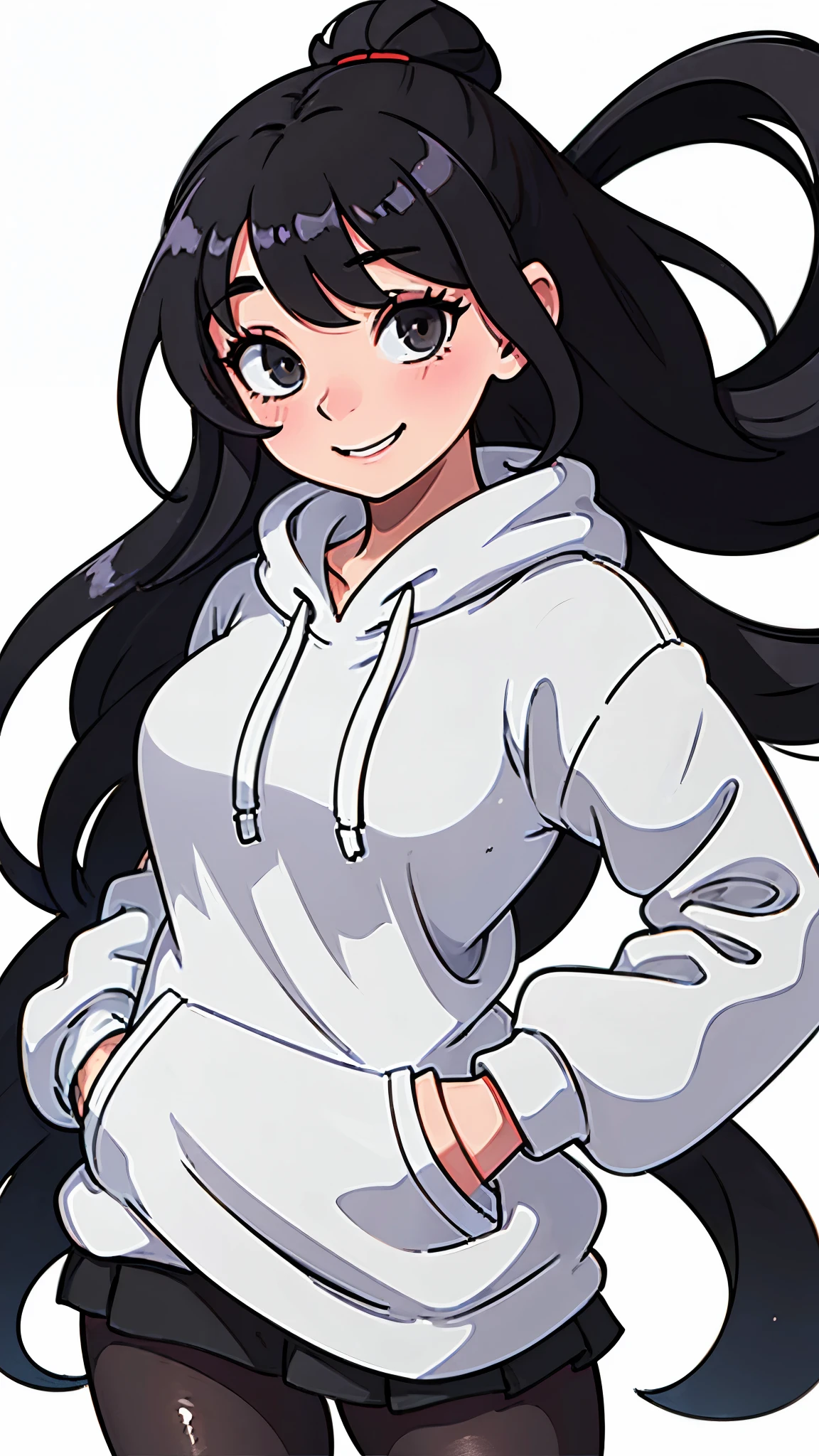 cute girl with long black hair in a bun wearing an oversized grey hoodie smiling shyly. White background. fullbody. no clipping. 