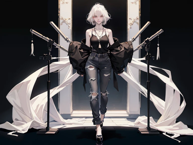 ((full body:1.4)),(black clothing:1.3).Cute 18 yo (albino:1.4)woman of Slavic descent.(short:1.1), , long white hair, gray eyes, ((very pale:1.4)). Innocent look. Gentle spirit.(virgin), (black tank top, jeans,), necklace, (black Mary Janes with straps).(joy),((smile)).Masterpiece, best quality(highly detailed:1.2),(detailed face and eyes:1.2), depth of field, 8k wallpaper, studio lighting, core shadows, high contrast, bokeh.