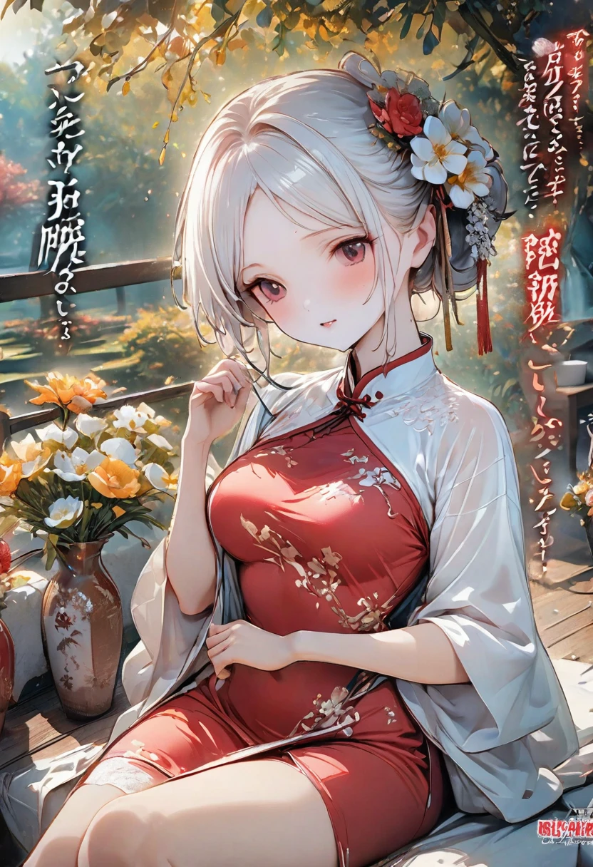 Magazine cover(masterpiece, best quality:1.2),woman,(((The eyes are delicate)))Flowers flying((Red cheongsam))garden,(8K)(HD)