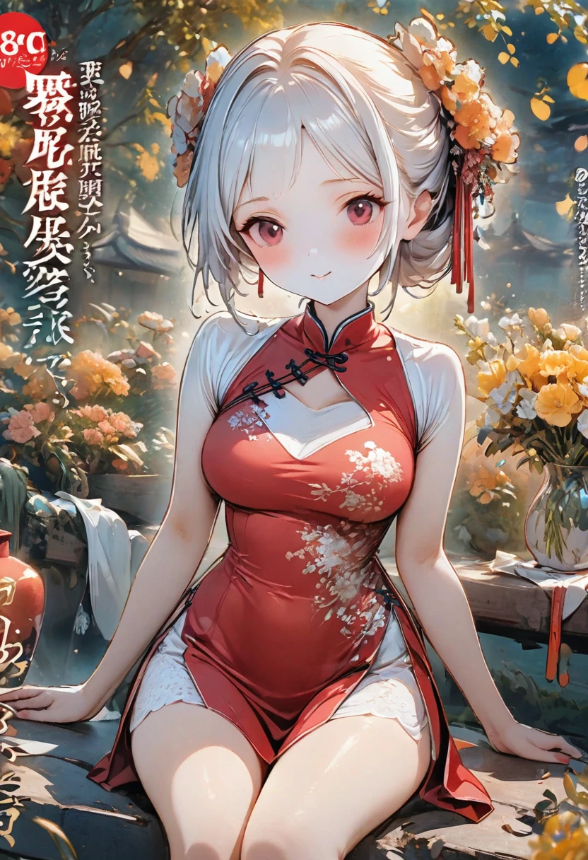 Magazine cover(masterpiece, best quality:1.2),woman,(((The eyes are delicate)))Flowers flying((Red cheongsam))garden,(8K)(HD)