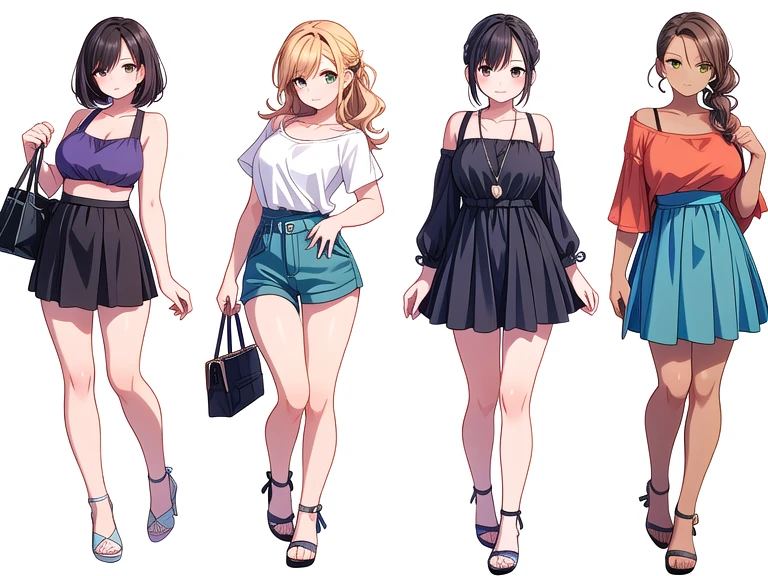 (((Best Quality))) , ((full body)), 4 girls, milf, multiple views, white background, variety of hairstyles, variety of fashion styles, seductive pose, fashionable and trendy atmosphere, holding bag, summer outfits, walk pose, dark blue/dark orange/dark green/dark violet/brown/white, short shorts,
