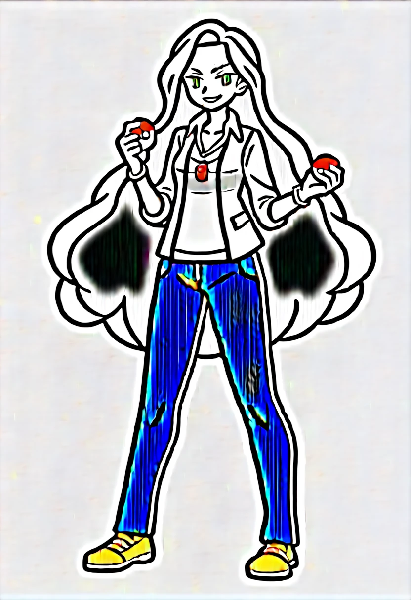 ((((white background)))), simple background, watercolor, 1 girl, standing, long hair, silver hair, light skin, smug green eyes, front view, a gray buttoned vest, under blue sweater, pants wide black, bracelets, brown shoe, holding a pokeball, score_9, score_8_up, score_7_up, pendant, score_6_up, score_5_up, score_4_up, BREAK source_anime, masterpiece