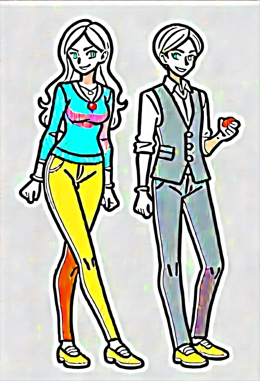 ((((white background)))), simple background, watercolor, 1 girl, standing, long hair, silver hair, light skin, smug green eyes, front view, a gray buttoned vest, under blue sweater, pants wide black, bracelets, brown shoe, holding a pokeball, score_9, score_8_up, score_7_up, pendant, score_6_up, score_5_up, score_4_up, BREAK source_anime, masterpiece