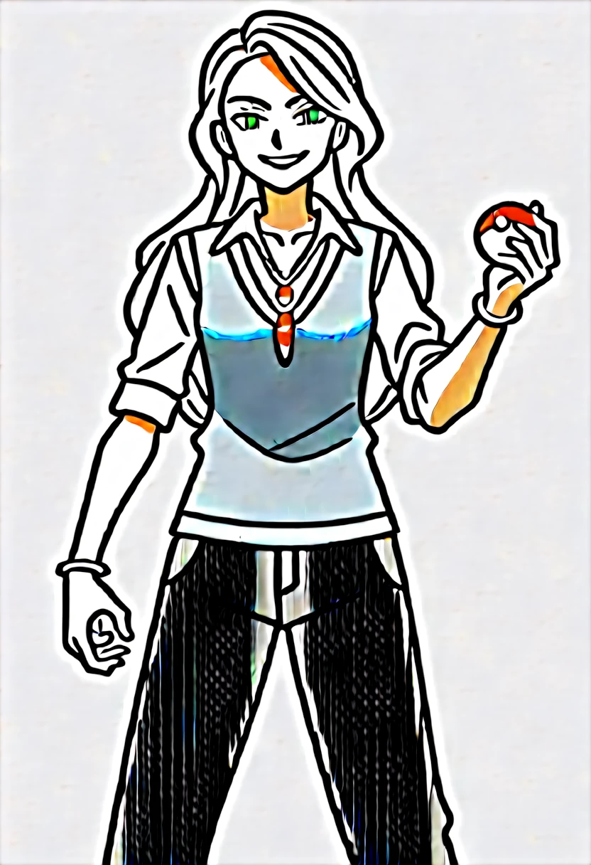 ((((white background)))), simple background, watercolor, 1 girl, standing, long hair, silver hair, light skin, smug green eyes, front view, a gray buttoned vest, under blue sweater, pants wide black, bracelets, brown shoe, holding a pokeball, score_9, score_8_up, score_7_up, pendant, score_6_up, score_5_up, score_4_up, BREAK source_anime, masterpiece