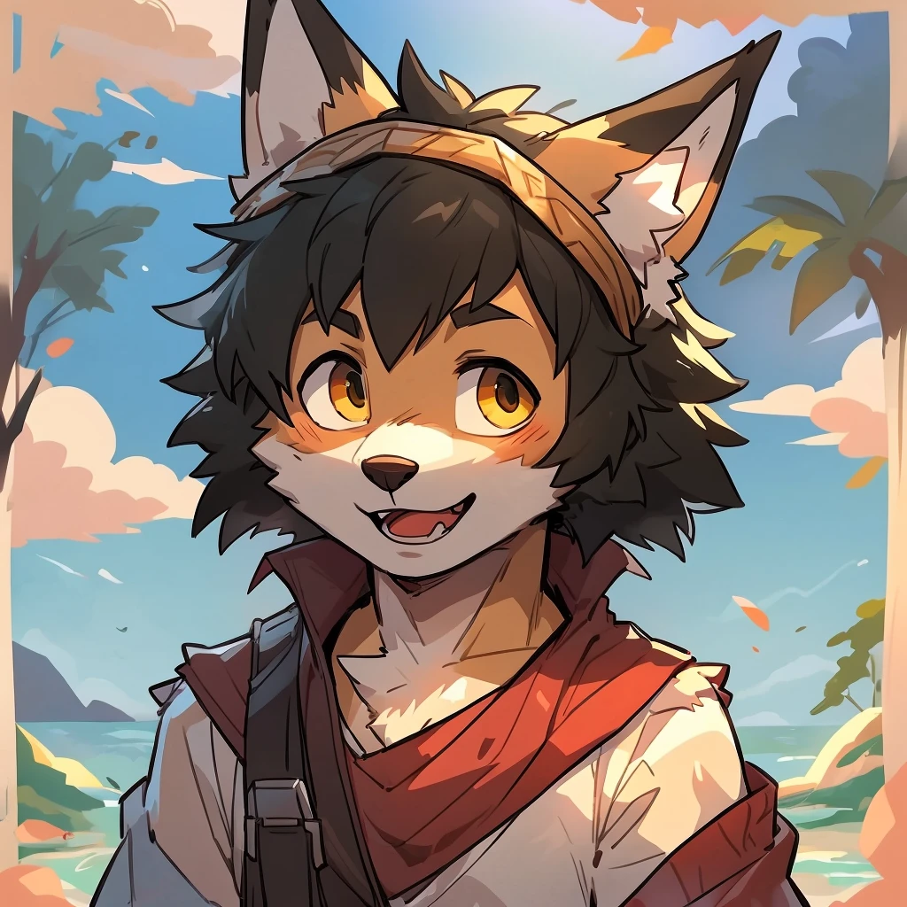 by Zita @Zeeta96829 by milkytiger1145 by donkeyramen, by wfa, 独奏, male, headshot, happy on face, open teeth, foxy, tibetan fox, short hair, yellow sclera, age