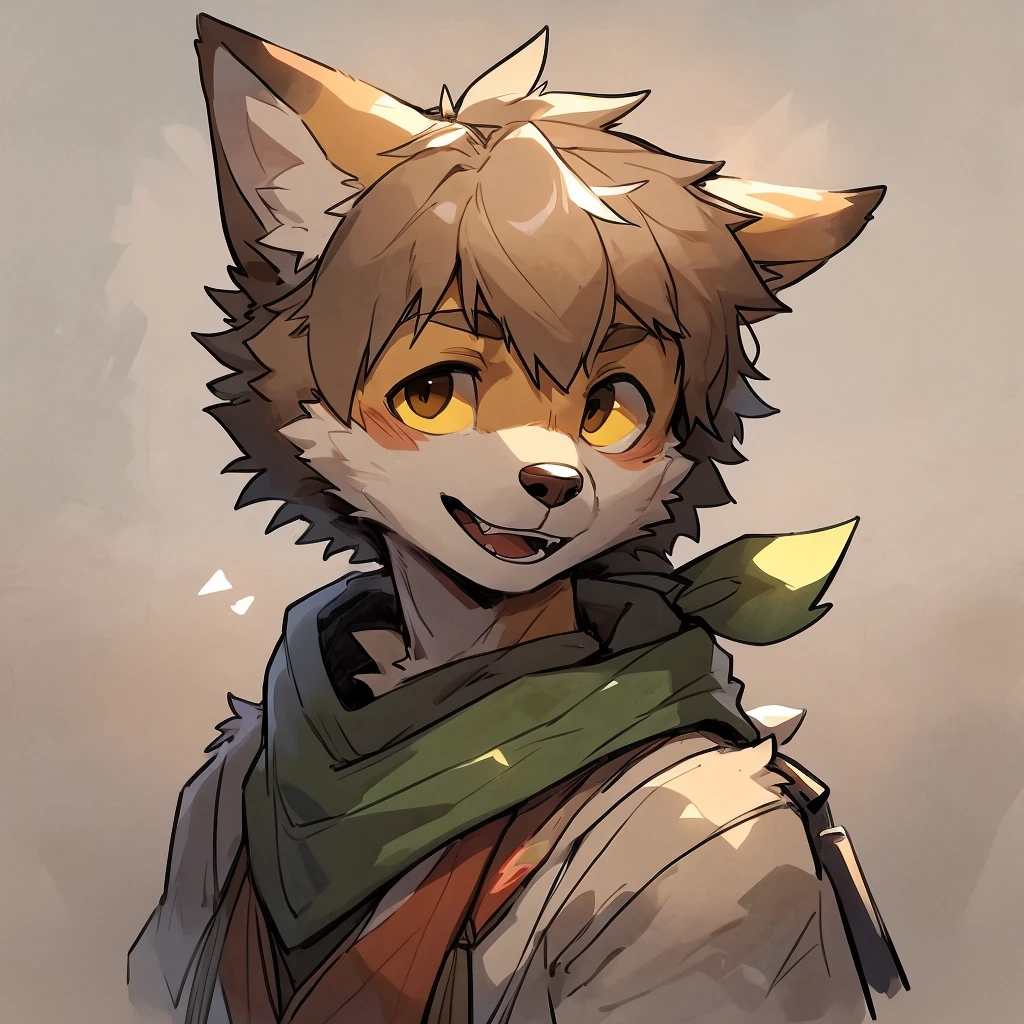 by Zita @Zeeta96829 by milkytiger1145 by donkeyramen, by wfa, 独奏, male, headshot, happy on face, open teeth, foxy, tibetan fox, short hair, yellow sclera, teenage