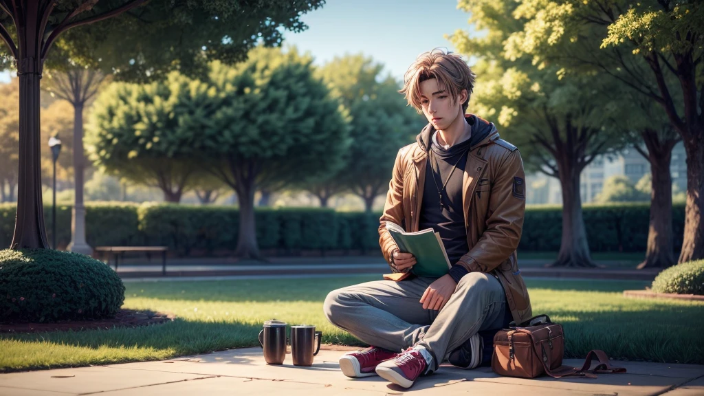 a guy sitting in a park reading a book and listening to music, full body, 8k ultra hd image, masterpiece, cinematic, suzume movie anime style.,anime