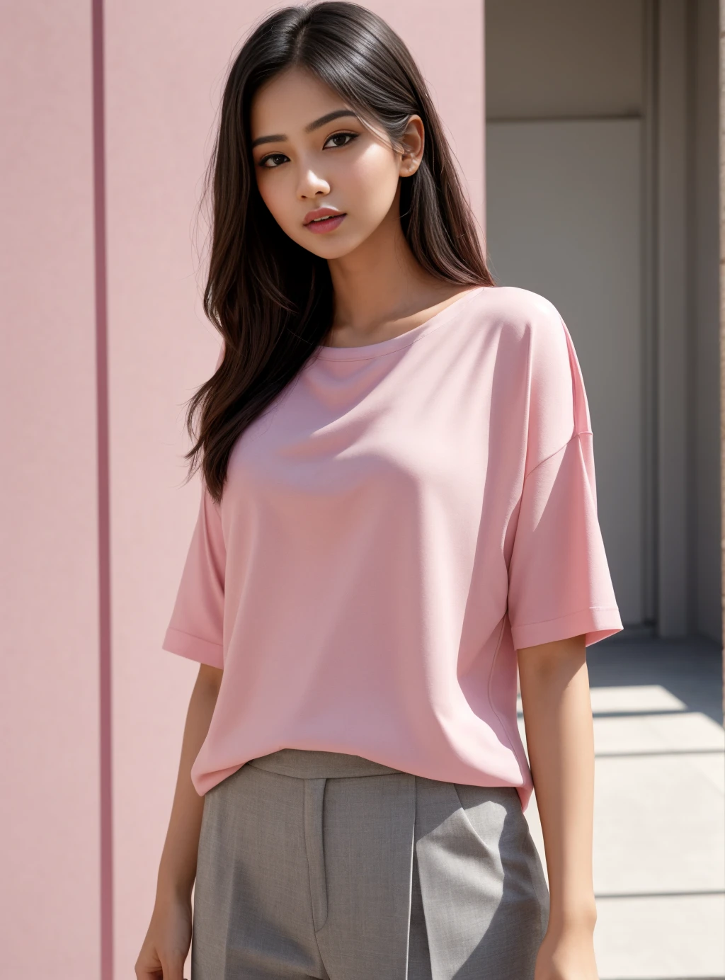 pink background, hyper realistic lifelike texture dramatic lighting unreal engine trending on art station, award winning photo, nikon RAW photo,8 k, Fujifilm XT3,masterpiece, best quality, realistic, photorealistic, ultra detailed, extremely detailed face, solo,1 Indian girl, standing, fashionable and trendy atmosphere, high-end makeup products, and a stylish expression on her face, office dress, pink t-shirt, closed mouth, closed lips, looking at viewer,