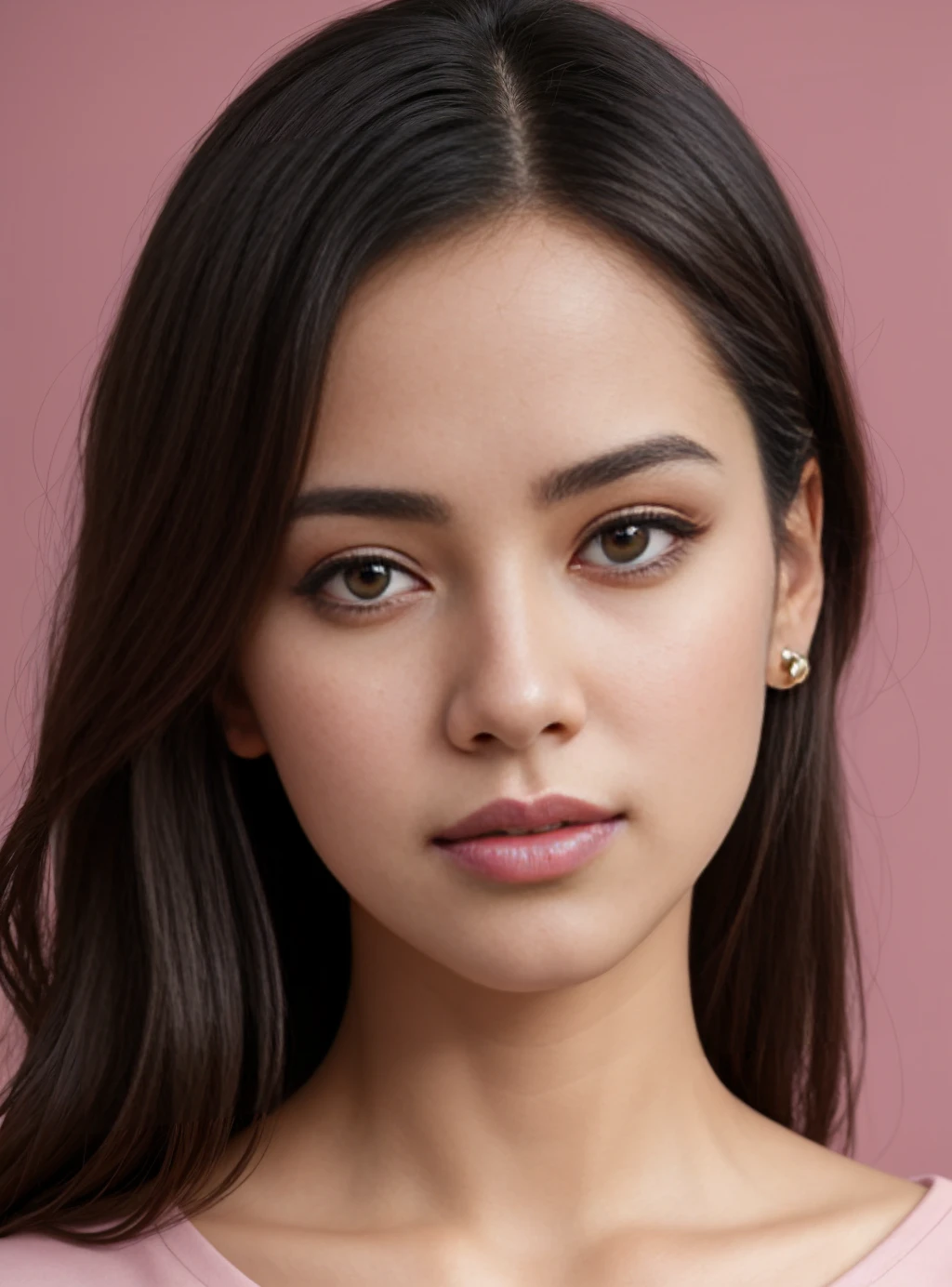 pink background, hyper realistic lifelike texture dramatic lighting unreal engine trending on art station, award winning photo, nikon RAW photo,8 k, Fujifilm XT3,masterpiece, best quality, realistic, photorealistic, ultra detailed, extremely detailed face, solo,1 Indian girl, standing, fashionable and trendy atmosphere, high-end makeup products, and a stylish expression on her face, office dress, pink t-shirt, closed mouth, closed lips, looking at viewer,
