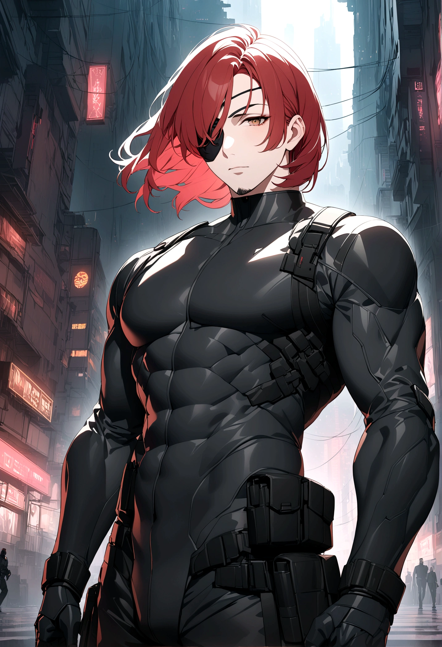 (masterpiece, 32k, 8k, cgi) man, 34 years old, red hair, brown eyes, eye patch over one eye, cyberpunk hair, black Swat uniform, cyberpunk setting, black goatee, face with masculine features, thin body