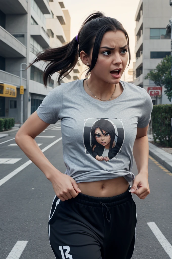 A girl running behind someone in angry mood in Gta animation with t shirt and track pants full length