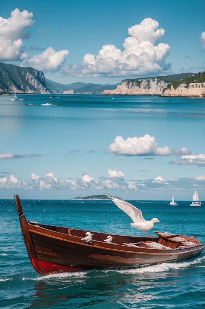 White seagull flying in the sky，bird flying in the sky, there is a Small boat sitting on the beach in the water, Igor Grabar (Igor Grabar) A realistic painting of, shutter, art, Small boat in the foreground, Small boat, Best selection on Adobe Stock, one Small boat, mediterranean beach background, Excellent composition, Beautiful Italian beach scenery, Highly detailed composition, Wooden boat, with water and boats