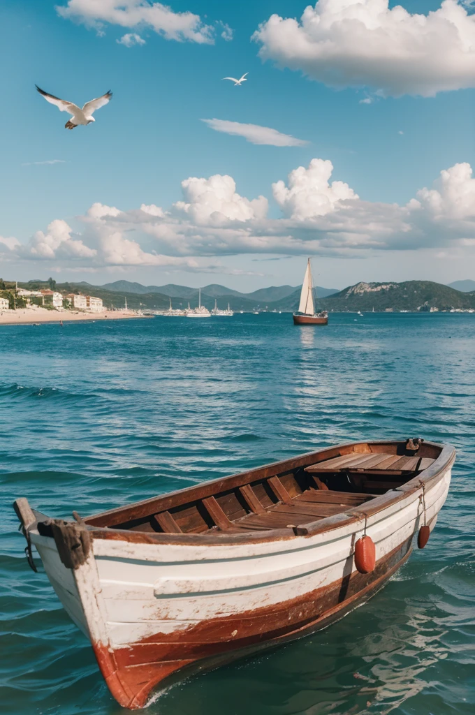White seagull flying in the sky,bird flying in the sky, there is a Small boat sitting on the beach in the water, Igor Grabar (Igor Grabar) A realistic painting of, shutter, art, Small boat in the foreground, Small boat, Best selection on Adobe Stock, one Small boat, mediterranean beach background, Excellent composition, Beautiful Italian beach scenery, Highly detailed composition, Wooden boat, with water and boats
