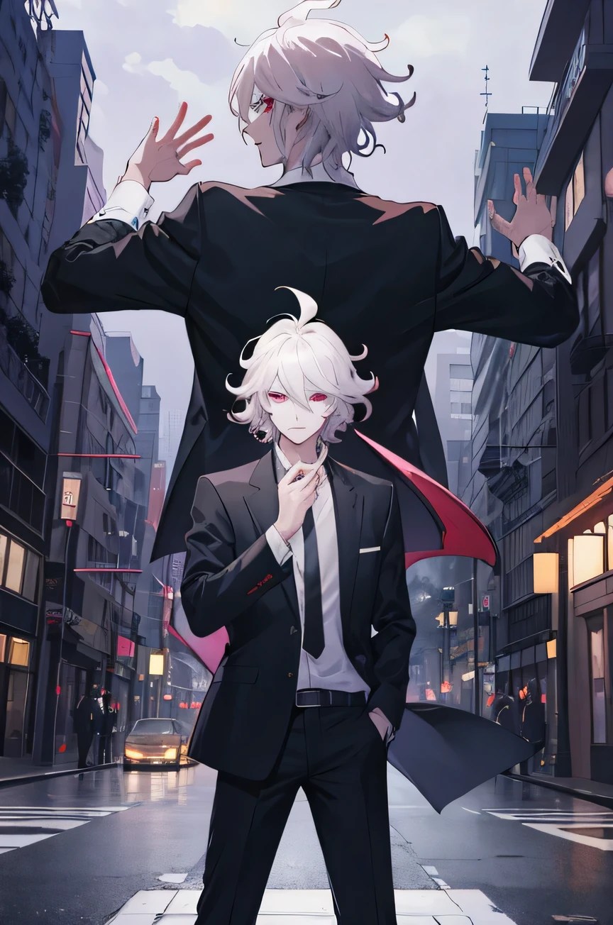 Anime man in a suit standing on a city street at night., Tall anime guy with demon eyes, Handsome anime poses, male anime characters, Nagito Komaeda, Best 4K Konachan Anime Wallpaper, anime boy, Handsome boy anime, official art, anime style men, Handsome man in the art of killing demons, call anime style,Turn around