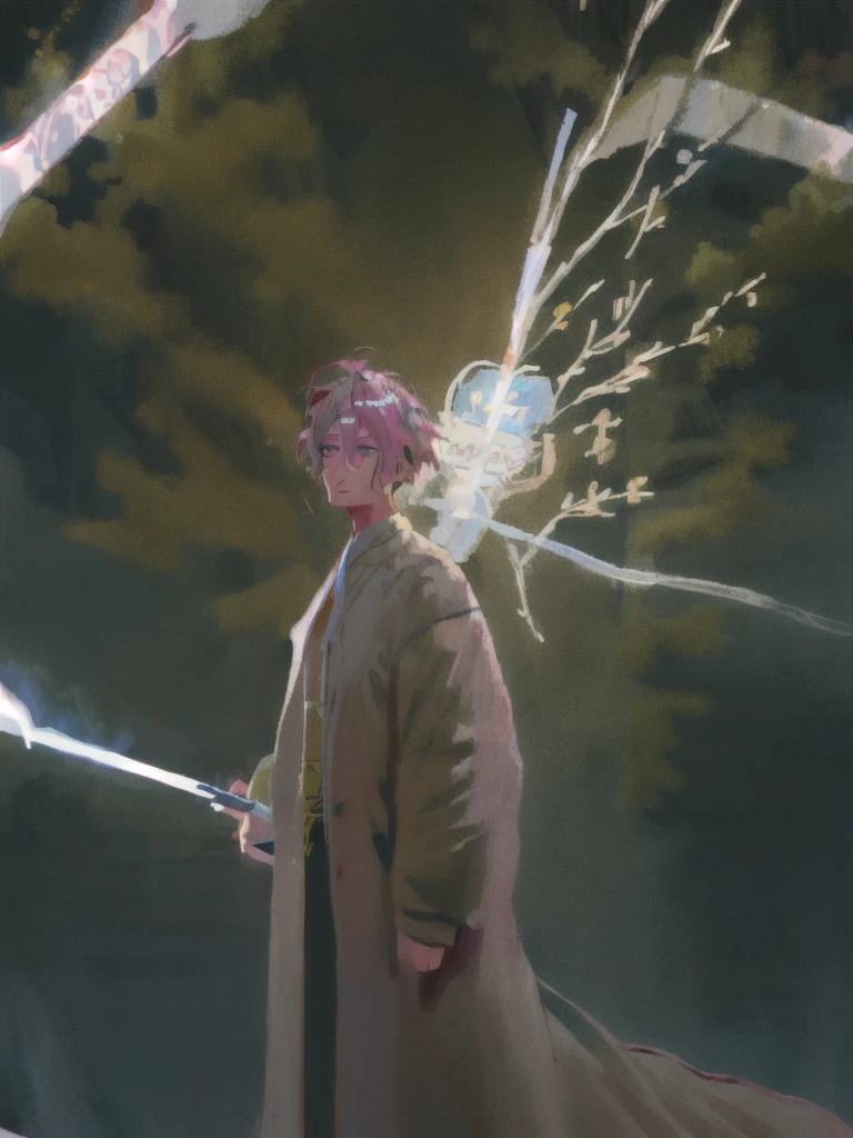 Masterpiece, absurdres, fine detail, HDR, solo, looking at viewer, smile, shirt, pink hair, 1boy, hair between eyes, pink eyes, upper body, male focus, FH , lightning mage, toned, lightning mage robe, electrical aura, early 20s,