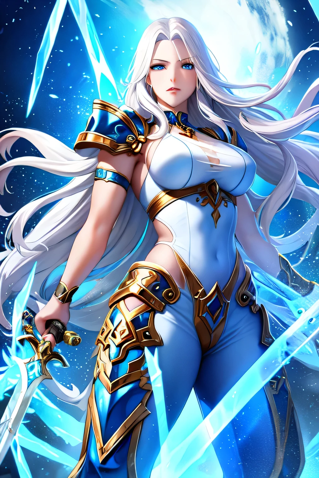 1girl, long wavy white hair, blue eyes, ice, sword, fantasy, muscles, voluptuous, thirties, leather armor, pants, shirt
