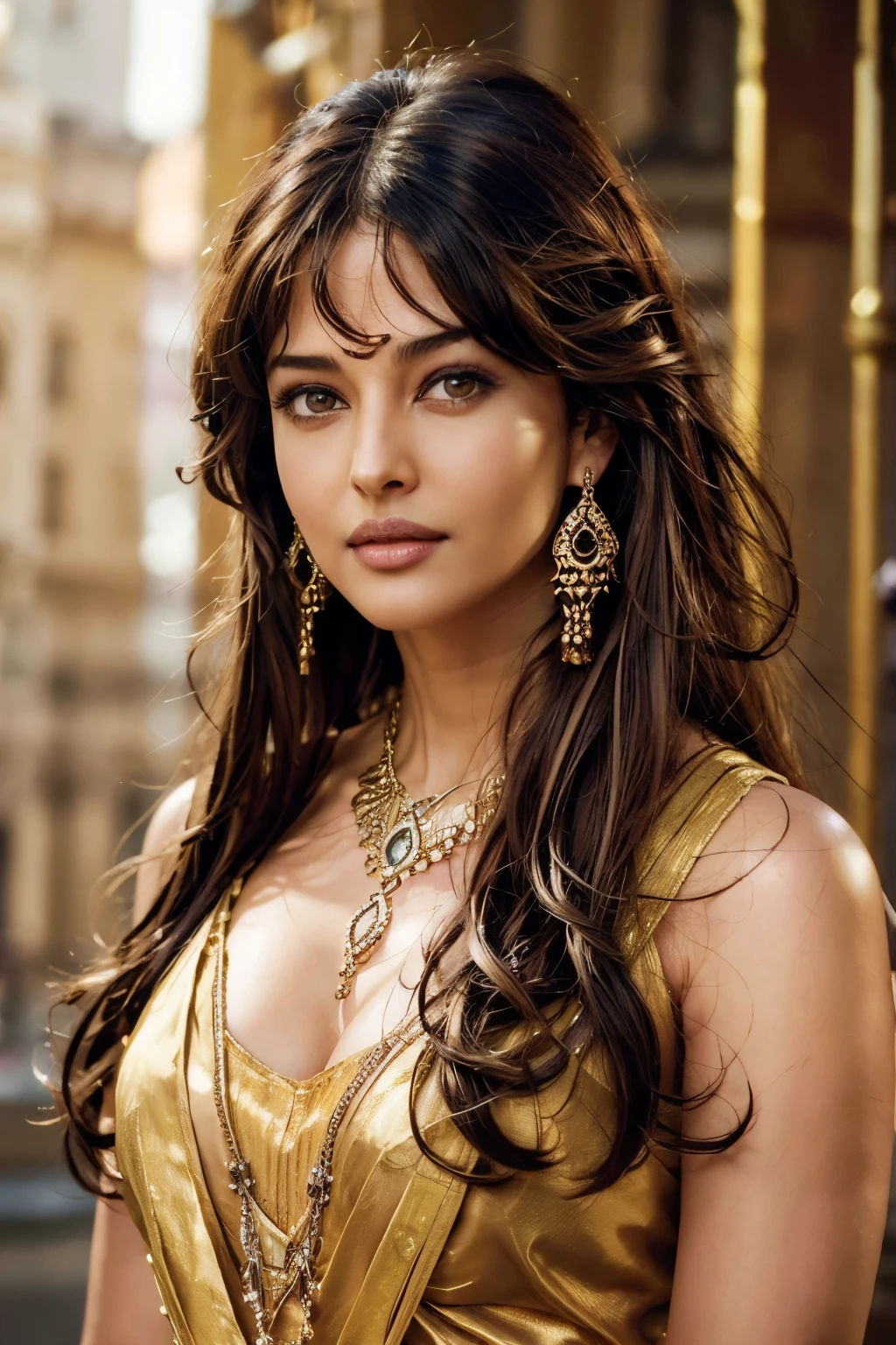 Cinematic ultra HD, hyper realistic full body portrait: 1.4, A 30 years old beautiful Indian woman with long dark brown hair and bangs, Masterpiece: 1.4, Stunning 30-year-old Indian woman, Ultra HD, Realistic, Full body image, Long dark brown hair with bangs, Sharp facial features, Deep golden dress with clinging neckline, Exquisite gold jewelry: necklace and earrings, Serious expression, Highlighted features, Textured hair, Elegant and charming, Cinematic lighting, Intense focus on the subject.