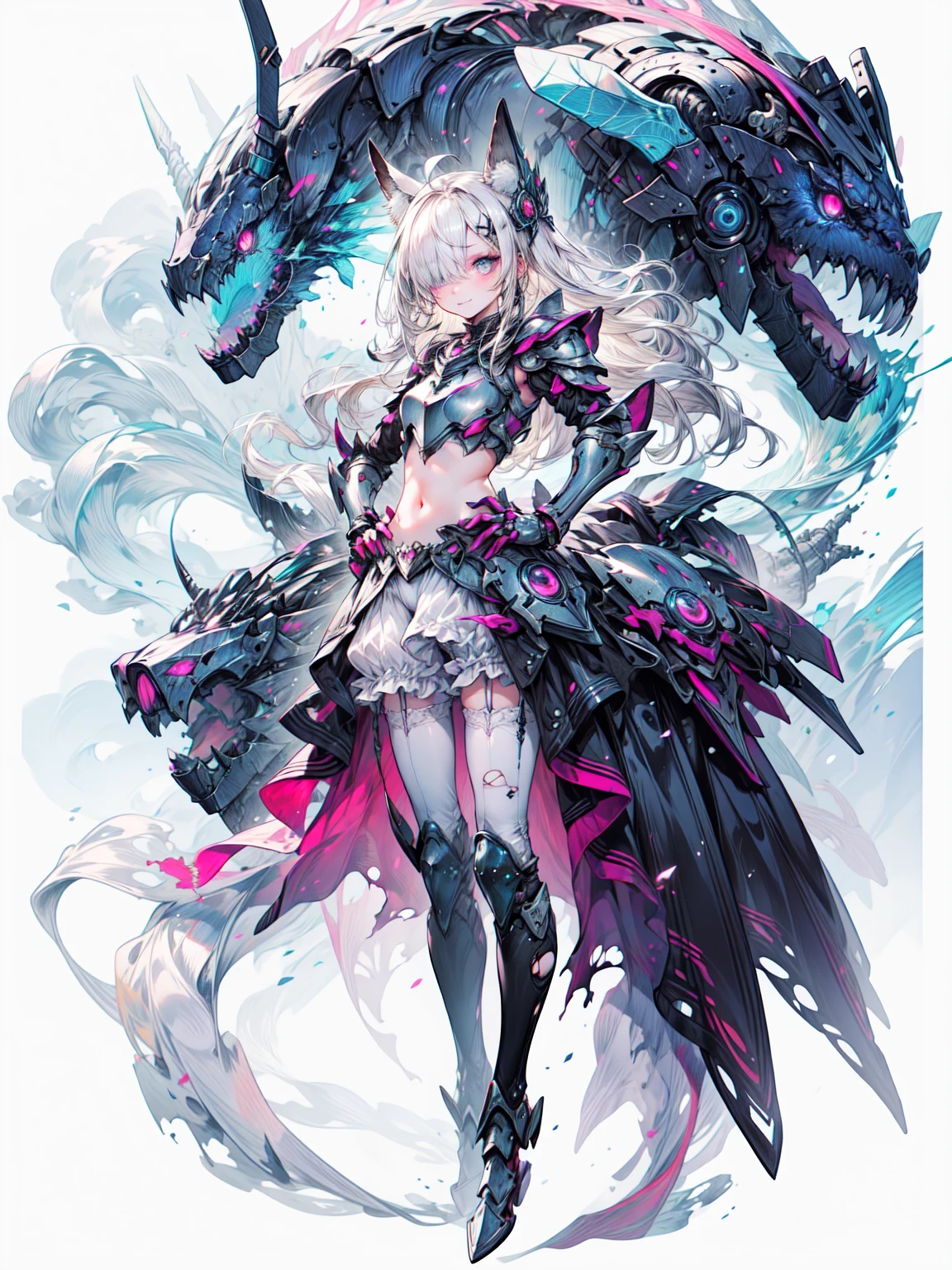 (Highest quality, masterpiece, High resolution:1.4),  a beautiful portrait of an Angel,  she is wearing ornate frilled white Bloomers under her armor,  her Scapula are extremely tall and ornate, close, her armor has been damaged and broken,  
Are standing, Outdoor, cloud, sun, Particles of Light, fLight, whole body, Day, Place your arms at your sides, Contrasting, Hands on hips, 
Blake、1 Girl,   armor,  wing, Green Eyes, Long Hair, Gauntlet, Knee socks, , Shingard, shoulder armor,  Scapula,hair ornaments, Show Viewer, breastplate, Angel wing, [armored boots], Angel, Long Hair, Light,  null,  Thigh-high boots, armored dress,  sunLight, Frills, zettai ryouiki, Fantasy, bangs, Orange Hair, white wing, feathered wing, gloves, multiple wing,  , Arm guard, plate armor, See-through waist cape,  ((Clothing cutouts, navel cut out)), Stomach, ,  Straight hair, Side Lock, Hair between the eyes, dress, skirt, Headpiece, headgear, Frillsのショートパンツ, Knee socks under boots,  skirt, (Bloomers, torn Bloomers, white Bloomers, underwear, :1.2 ), skinny, Long legs, Tall Woman, break、（Dark Elf), (1 Girl), alone, Perfect Face, Get used to it, Ahoge, ((Long Hair:1.2)), (Hair above one eye:1.3), [[Messy Hair]], Shiny blonde white hair, Purple eyes, Variegated eyes, Colorful Hair, Shining Eyes, (eyelash, eye shadow, pink eye shadow), bright, smile, Design Art：Haruhiko Mikimoto, by Kawashi, By Yoshitaka Amano