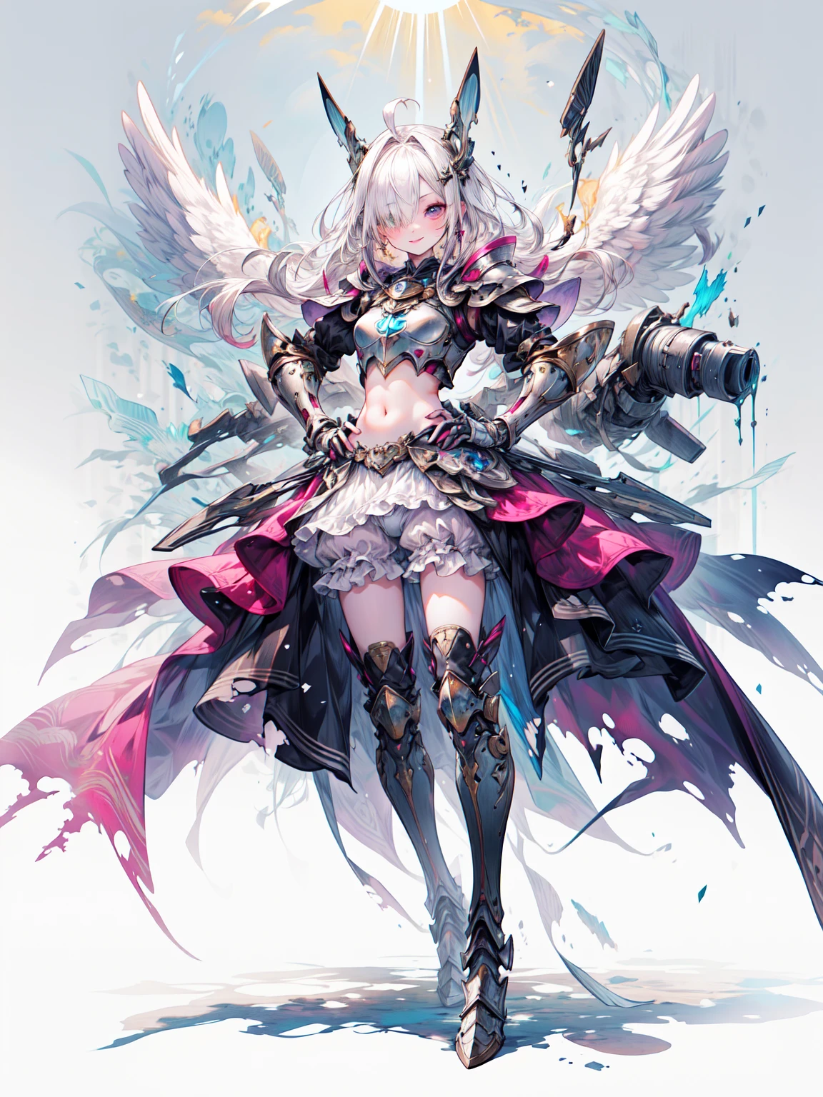 (Highest quality, masterpiece, High resolution:1.4),  a beautiful portrait of an Angel,  she is wearing ornate frilled white Bloomers under her armor,  her Scapula are extremely tall and ornate, close, her armor has been damaged and broken,  
Are standing, Outdoor, cloud, sun, Particles of Light, fLight, whole body, Day, Place your arms at your sides, Contrasting, Hands on hips, 
Blake、1 Girl,   armor,  wing, Green Eyes, Long Hair, Gauntlet, Knee socks, , Shingard, shoulder armor,  Scapula,hair ornaments, Show Viewer, breastplate, Angel wing, [armored boots], Angel, Long Hair, Light,  null,  Thigh-high boots, armored dress,  sunLight, Frills, zettai ryouiki, Fantasy, bangs, Orange Hair, white wing, feathered wing, gloves, multiple wing,  , Arm guard, plate armor, See-through waist cape,  ((Clothing cutouts, navel cut out)), Stomach, ,  Straight hair, Side Lock, Hair between the eyes, dress, skirt, Headpiece, headgear, Frillsのショートパンツ, Knee socks under boots,  skirt, (Bloomers, torn Bloomers, white Bloomers, underwear, :1.2 ), skinny, Long legs, Tall Woman, break、（Dark Elf), (1 Girl), alone, Perfect Face, Get used to it, Ahoge, ((Long Hair:1.2)), (Hair above one eye:1.3), [[Messy Hair]], Shiny blonde white hair, Purple eyes, Variegated eyes, Colorful Hair, Shining Eyes, (eyelash, eye shadow, pink eye shadow), bright, smile, Design Art：Haruhiko Mikimoto, by Kawashi, By Yoshitaka Amano