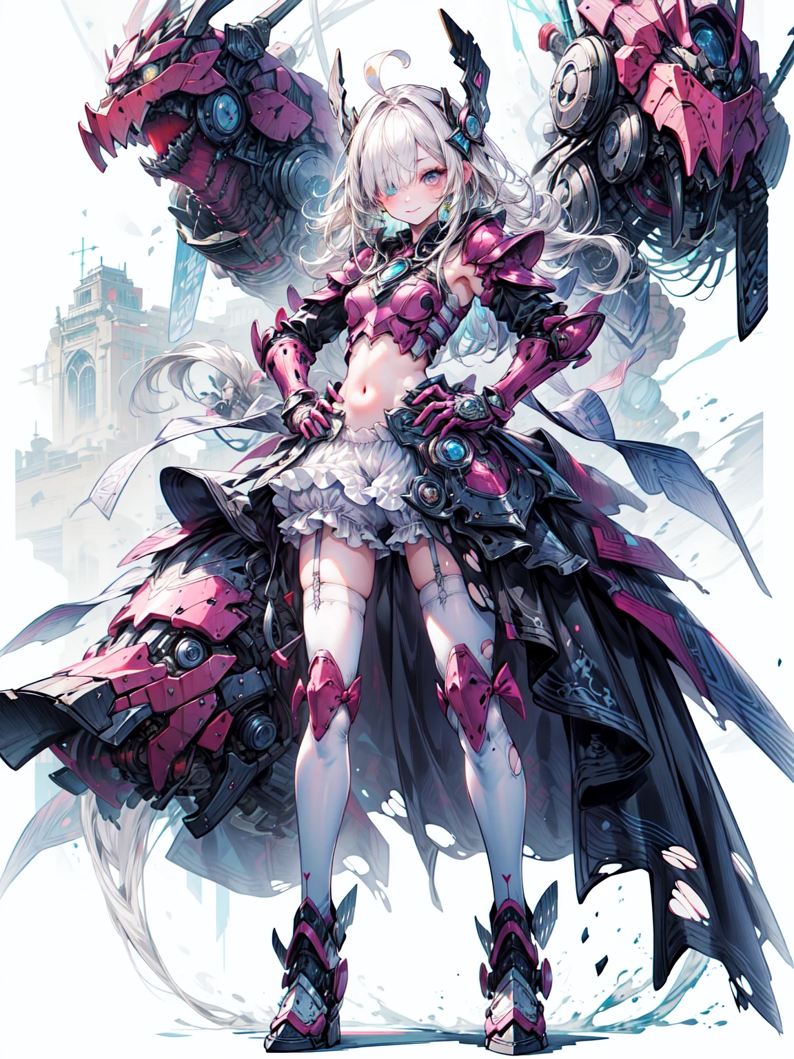 (Highest quality, masterpiece, High resolution:1.4),  a beautiful portrait of an Angel,  she is wearing ornate frilled white Bloomers under her armor,  her Scapula are extremely tall and ornate, close, her armor has been damaged and broken,  
Are standing, Outdoor, cloud, sun, Particles of Light, fLight, whole body, Day, Place your arms at your sides, Contrasting, Hands on hips, 
Blake、1 Girl,   armor,  wing, Green Eyes, Long Hair, Gauntlet, Knee socks, , Shingard, shoulder armor,  Scapula,hair ornaments, Show Viewer, plate, Angel wing, [armored boots], Angel, Long Hair, Light,  null,  Thigh-high boots, armored dress,  sunLight, Frills, zettai ryouiki, Fantasy, bangs, Orange Hair, white wing, feathered wing, gloves, multiple wing,  , Arm guard, plate armor, See-through waist cape,  ((Clothing cutouts, navel cut out)), Stomach, ,  Straight hair, Side Lock, Hair between the eyes, dress, skirt, Headpiece, headgear, Frillsのショートパンツ, Knee socks under boots,  skirt, (Bloomers, torn Bloomers, white Bloomers, underwear, :1.2 ), skinny, Long legs, Tall Woman, break、（Dark Elf), (1 Girl), alone, Perfect Face, Get used to it, Ahoge, ((Long Hair:1.2)), (Hair above one eye:1.3), [[Messy Hair]], Shiny blonde white hair, Purple eyes, Variegated eyes, Colorful Hair, Shining Eyes, (eyelash, eye shadow, pink eye shadow), bright, smile, Design Art：Haruhiko Mikimoto, by Kawashi, By Yoshitaka Amano