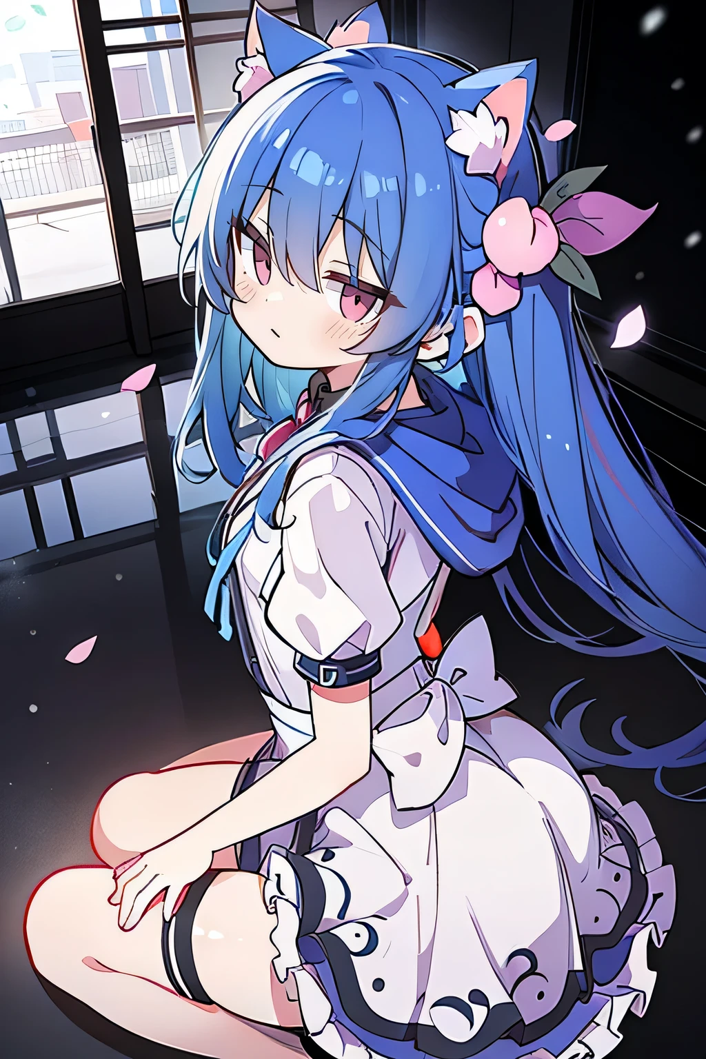 (masterpiece:1.2),Super detailed,lifelike,Expressive eyes,fair skin,perfect face shape,1 girl,
Japanese comics,Gorgeous blue hair,flowing blue hair,flowing clothes,Cat ears,Petals fall,beautiful lola,Baby Angel,
Shaking head with one hand,Cross your legs,Gentle and peaceful background,The pavilion is cool and comfortable,smile, wearing hoodie, background of tokyo,back views,snowing, winter,maid outfit。