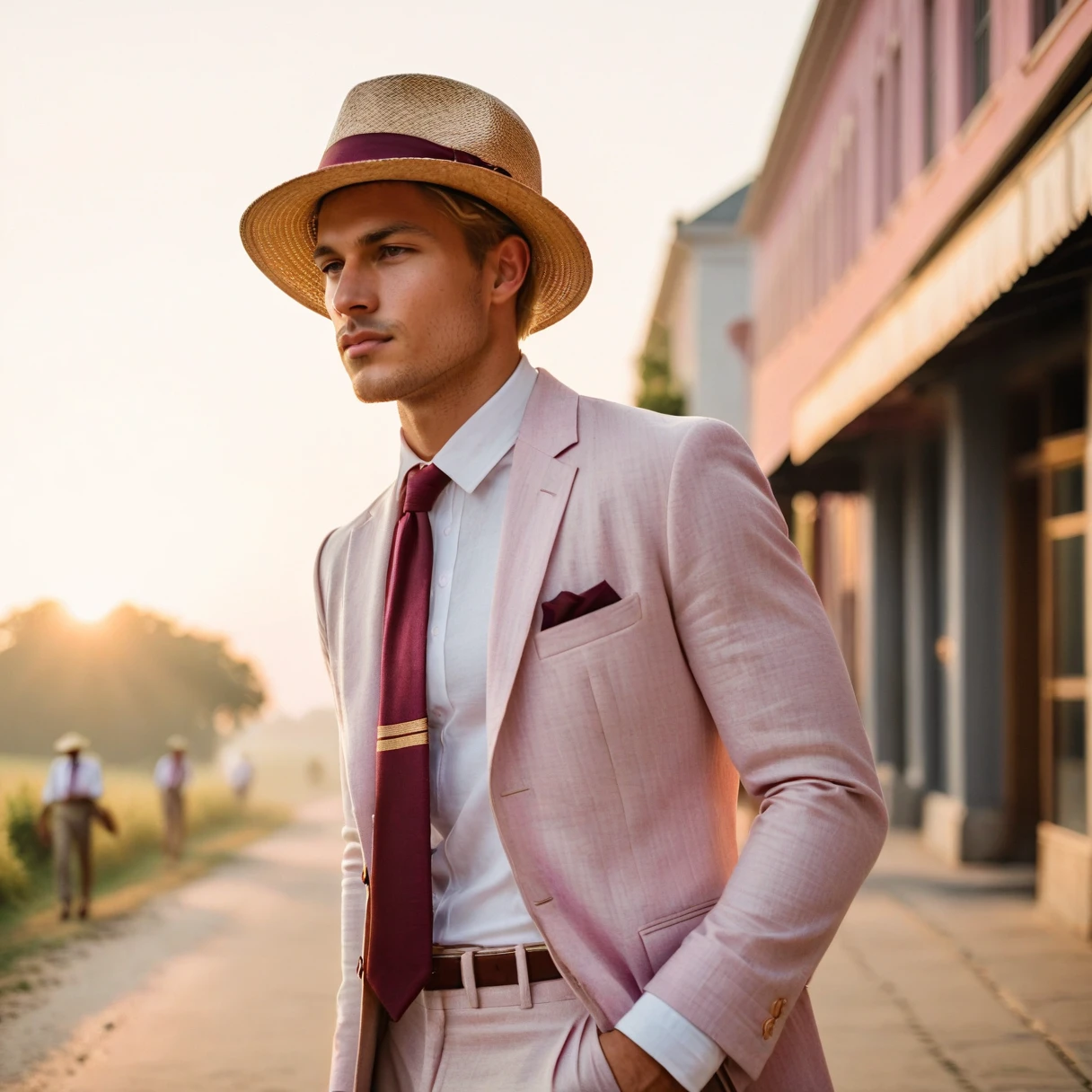 photorealistic, cinematic, raw photo, low angle shot, man, 25 years old, blond hair, tan skin, short side part hairstyle, clean shaven , wearing light pink linen three-piece suit, white shirt, burgundy necktie with gold stripes, straw boater hat, 1920s style, walks near fancy manshion, summer, sunrise, 
