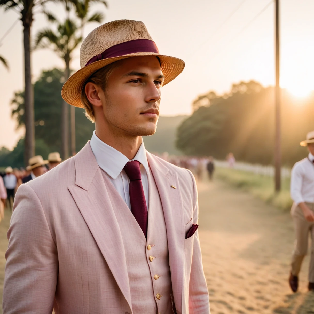 photorealistic, cinematic, raw photo, low angle shot, man, 25 years old, blond hair, tan skin, short side part hairstyle, clean shaven , wearing light pink linen three-piece suit, white shirt, burgundy necktie with gold stripes, straw boater hat, 1920s style, walks near fancy manshion, summer, sunrise, 
