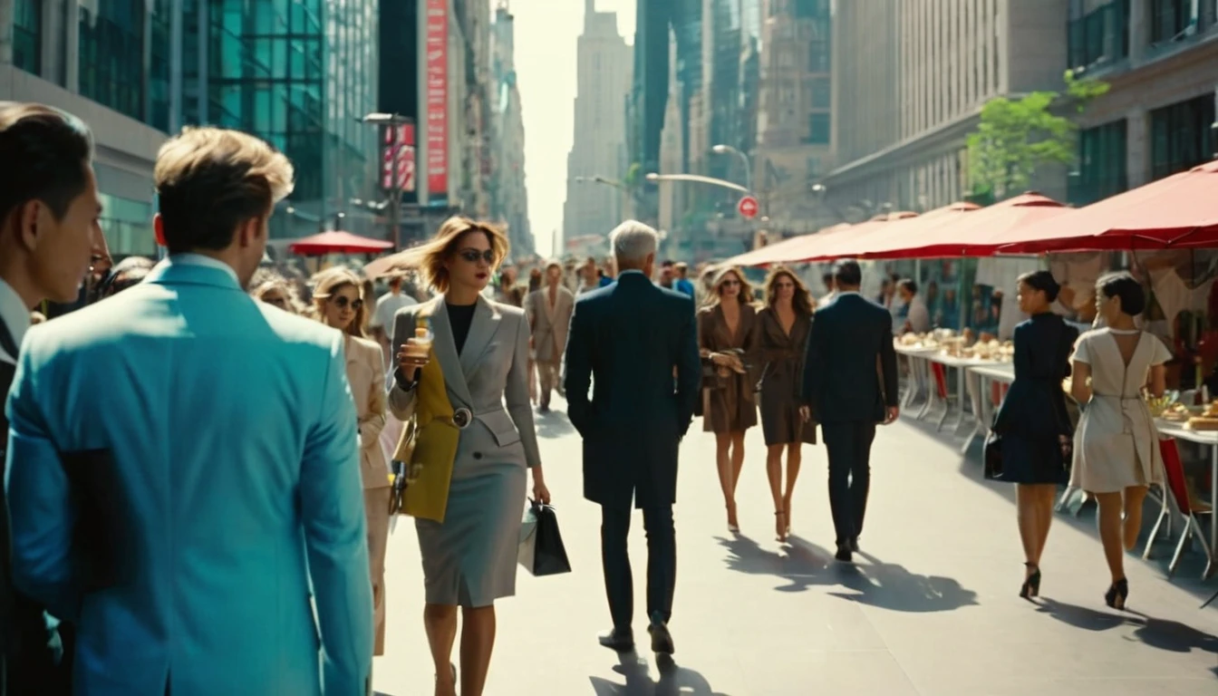 middle ground camera view of many kind of beautiful females walking on the street wearing very sexy short dresses and deep cleavaged futuristic fashion clothes,They are walking in a pedestrian street in a megacity at morning time. Males are wearing suits or t-shirt with blue jeans. In the heart of the dysoptian futuristic megacity there are street vendors, candelabra, benches on which people sit, colorful signs, cables.The people have photorealistic faces and bodies, detailed facial features, perfect eyes and mouthes and skins with real human hands, rule of thirds.Different futuristic high tech vehicles. Different styled buildings cover the side of the futuristic street, the natural light of the sun illuminates at daytime. Bustling megacity with many skyscrapers in the background, Natural lights, neutral colors, lomochrome, vintage color tones, dramatic, dynamic composition.Lifelike textures, sharp focus, depth of field, cinematic lighting, Contrast lighting, volumetric lighting, best shadows,sharp focus, depth pf field, photorealism, Realism, Cinematic, Photoreal, 35mm film Screengrab a Super Panavision film, in color. best quality , hdr, uhd, 8k, 35 mm film, analog camera shot.
