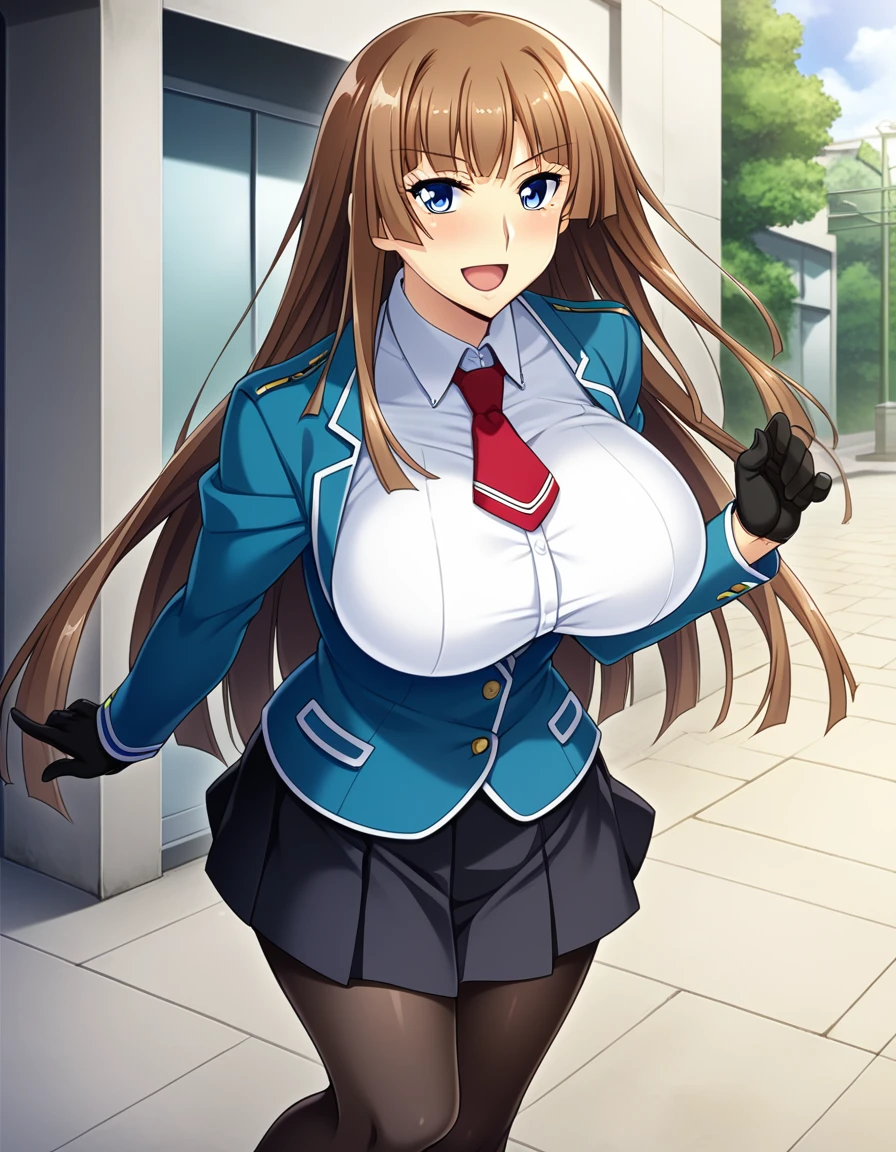 score_9, score_8_up, score_7_up, source_anime, game cg, beautiful eyes, (aoi nagisa:1.1), BREAK solo, 1girl, koukawa asuka, brown hair, long hair, blue eyes, bangs, (huge breasts:0.8), medium body, BREAK (blue_school_jacket:1.1), breasts, black gloves, collared white blouse, red tie, black skirt, knee length pleated skirt, black pantyhose, shiny skin, BREAK smile, blush, open mouth, standing, outside, street,