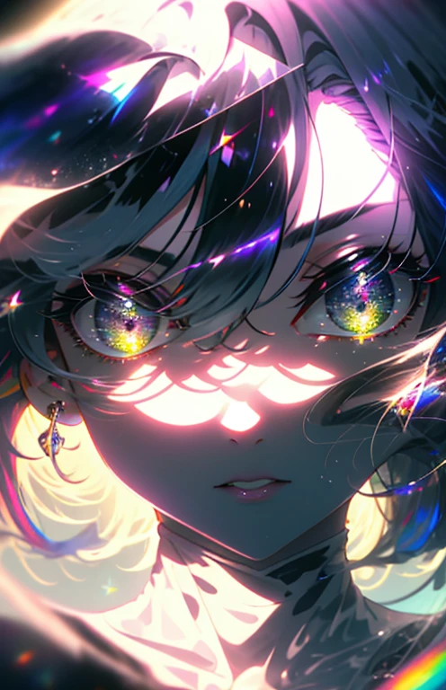 ((masterpiece,High resolution,8K quality,Highest quality)),One Girl,((Highly detailed face)),woman,Delicate eyes,((Purple eyes)),((Hairstyle on:Shaved head,Black-haired,Hair that glows green when exposed to light)),Lens flare,Dramatic makeup,Smiling graciously,Natural Skin Tone,Big ample breasts,Diffuse reflection of light((colorful:1.5)),universe,cosmic,Milky Way,constellation,goddess