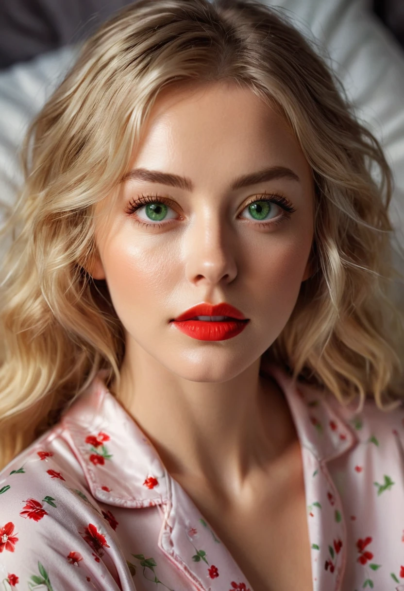 A young and beautiful woman, blonde hair that falls gently in waves up to the shoulders, medium height, big green eyes, skin fair, she's in her pyjamas, she is in her bed, taking care of your skin before bed, The environment is illuminated with lights of warm and pleasant colors making your hair shine, your face is naturally serene, lips with red lipstick, 8k texture, highly detailed, realisitic, soft Cinematic Light, HDR, sharp focus, Masterpiece artwork, fotorrealisitic, rewarded photography, Canon EOS R5, 35 mm