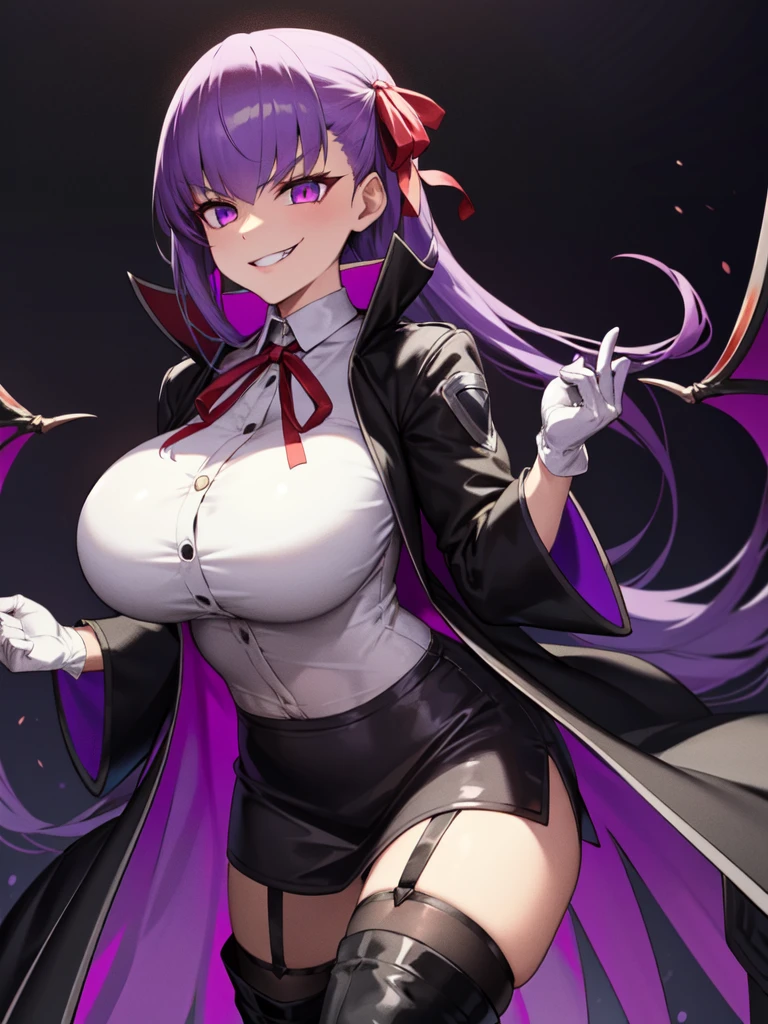 isometric, mid shot, night, ,,, purple hair, black jacket, white shirt, black skirt, red ribbon, big breasts, purple eyes, white gloves, long hair, big collar, evil smile,smirk,thighhigh boots,(evil smile:1.3),Highly detailed CG Unity 8K wallpaper, perfect lighting,laugh at,too evil smile,too evil smirk,looking down at viewer,,smile bad,deep shaded face,too evil fall,dark world background,