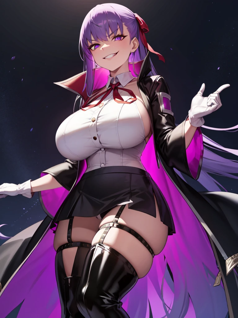  isometric, mid shot,  night, ,,, purple hair, black jacket, white shirt, black skirt, red ribbon, big breasts, purple eyes, white gloves, long hair, big collar, evil smile,smirk,thighhigh boots,(evil smile:1.3),Highly detailed CG Unity 8K wallpaper, perfect lighting,laugh at,too evil smile,too evil smirk,looking down at viewer,,smile bad,deep shaded face,too evil fall,dark world background,