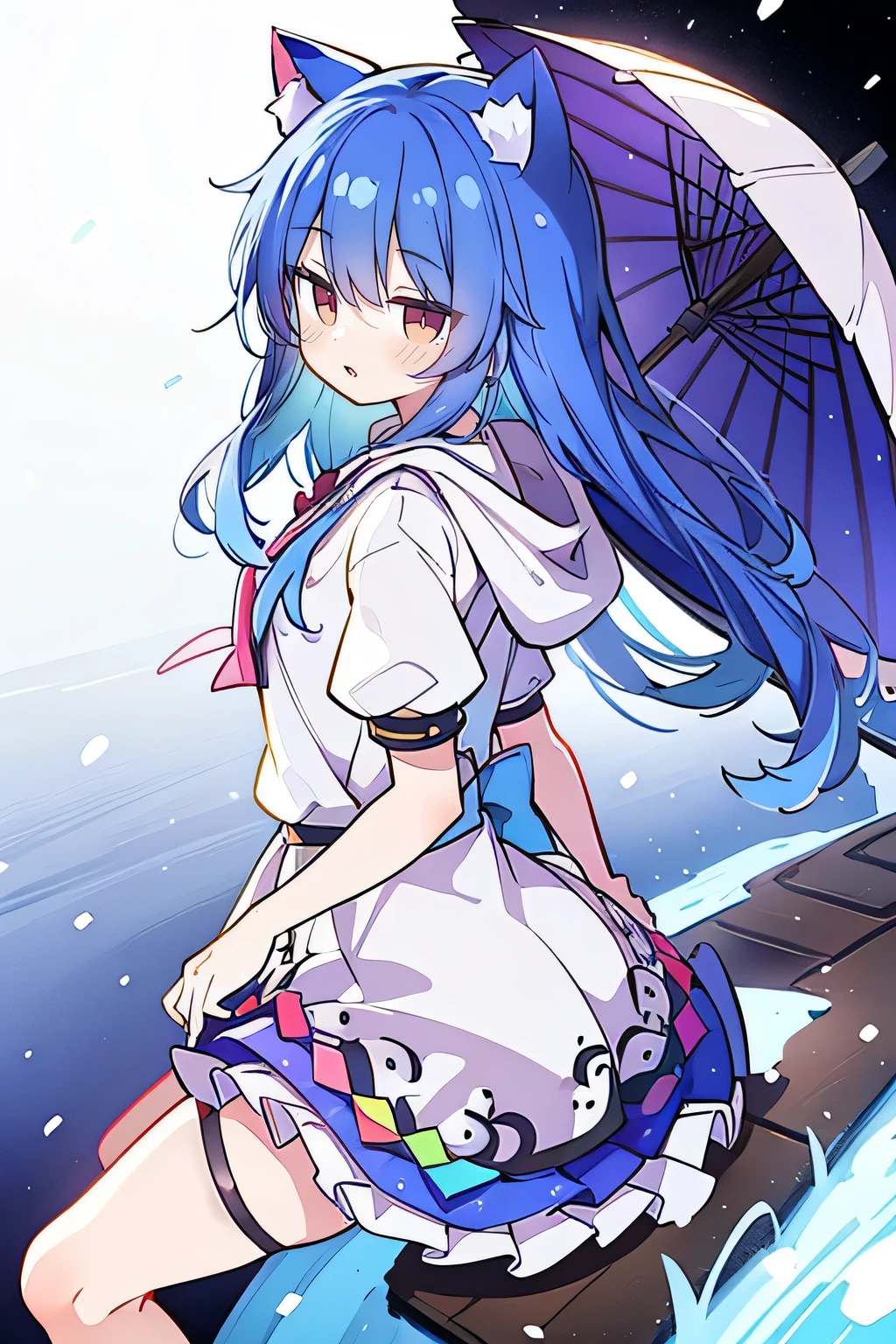 (masterpiece:1.2),Super detailed,lifelike,Expressive eyes,fair skin,perfect face shape,1 girl,
Japanese comics,Gorgeous blue hair,flowing blue hair,flowing clothes,Cat ears,Petals fall,beautiful lola,Baby Angel,
Shaking head with one hand,Cross your legs,Gentle and peaceful background,The pavilion is cool and comfortable,smile, wearing hoodie, background of tokyo,back views,snowing, winter,maid outfit。