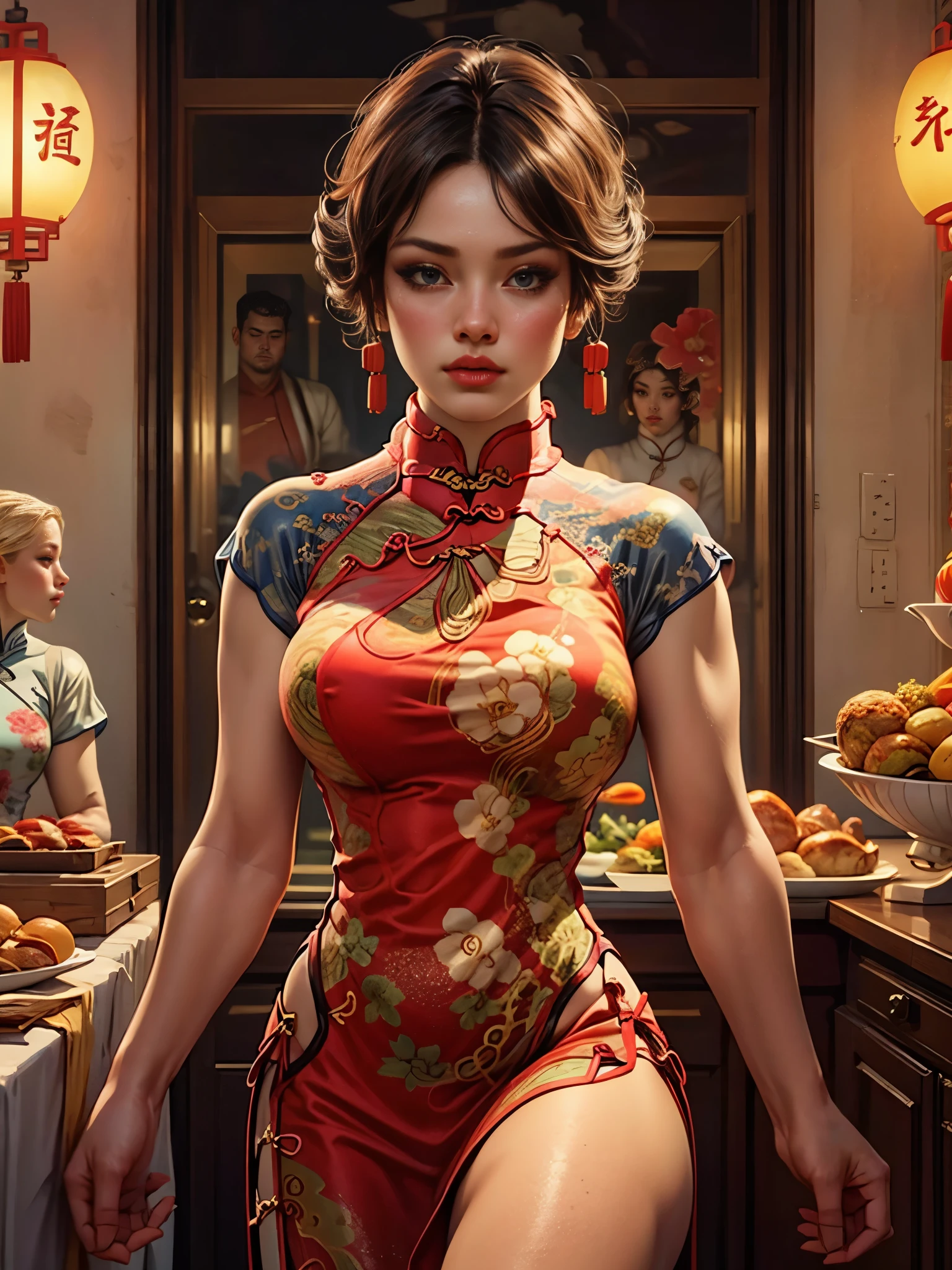 Half-length portrait:1.3，Wearing(Tight cheongsam:1.7)Beautiful woman，Ideal proportions，Full breasts，Slim waist，Plump buttocks，White skin，Surrounded by accessories，In a crowded Chinese restaurant，(Best quality，4K，8K，high resolution，masterpiece:1.2)，Ultra Detailed，(lifelike，照片般lifelike，照片般lifelike:1.37)，Delicate eyes，Delicate lips，Extremely detailed face，Long eyelashes，Intricate details，Gorgeous accessories，Gorgeous decoration，Warm Lights，Vibrant colors，Dramatic lighting，Atmospheric，Movie-like，Award-winning photography