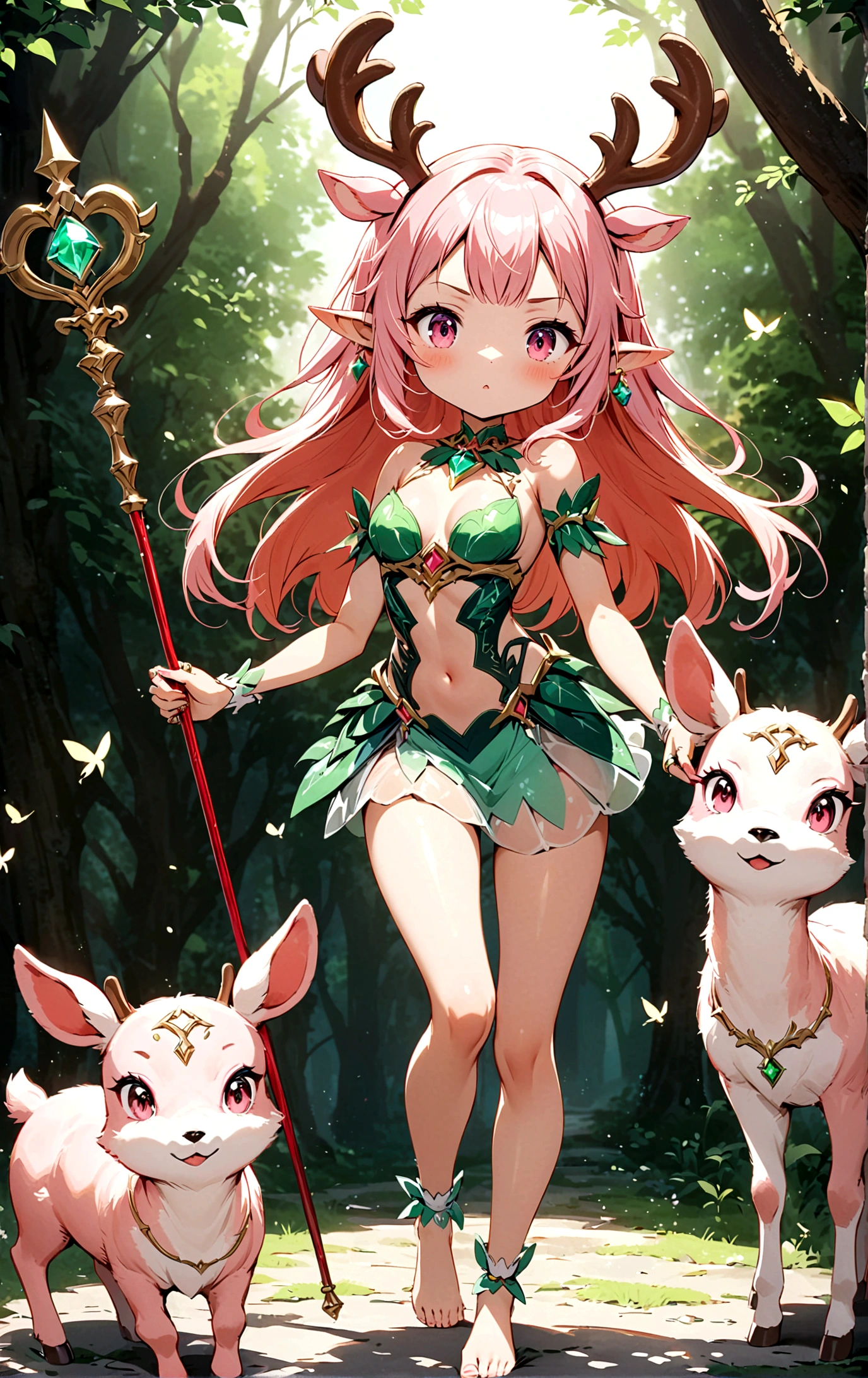 game character,Cartoon anime style,beautiful girl,Cute expression,Fluffy pink hair,Pink Eyes,Cute pink deer antlers,Elf ears,Orange tulle short skirt,Metal gem-encrusted scepter glows,Slender legs,Standing barefoot,Foot ring。(((Correct human anatomy))),In the magic forest,A cute white deer